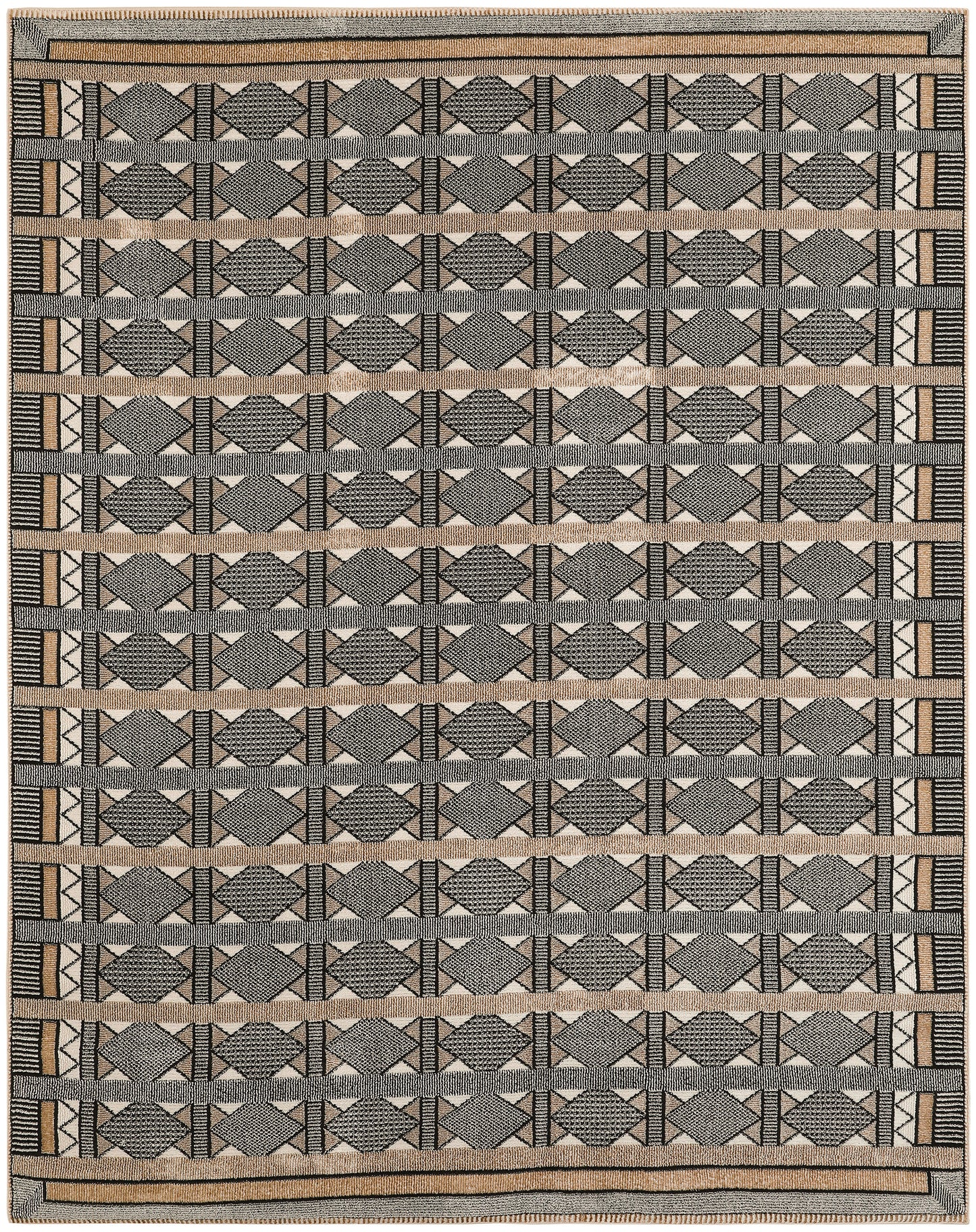 Beige flat-weave rug with repeating dark gray diamond motifs in horizontal rows and geometric striped border.