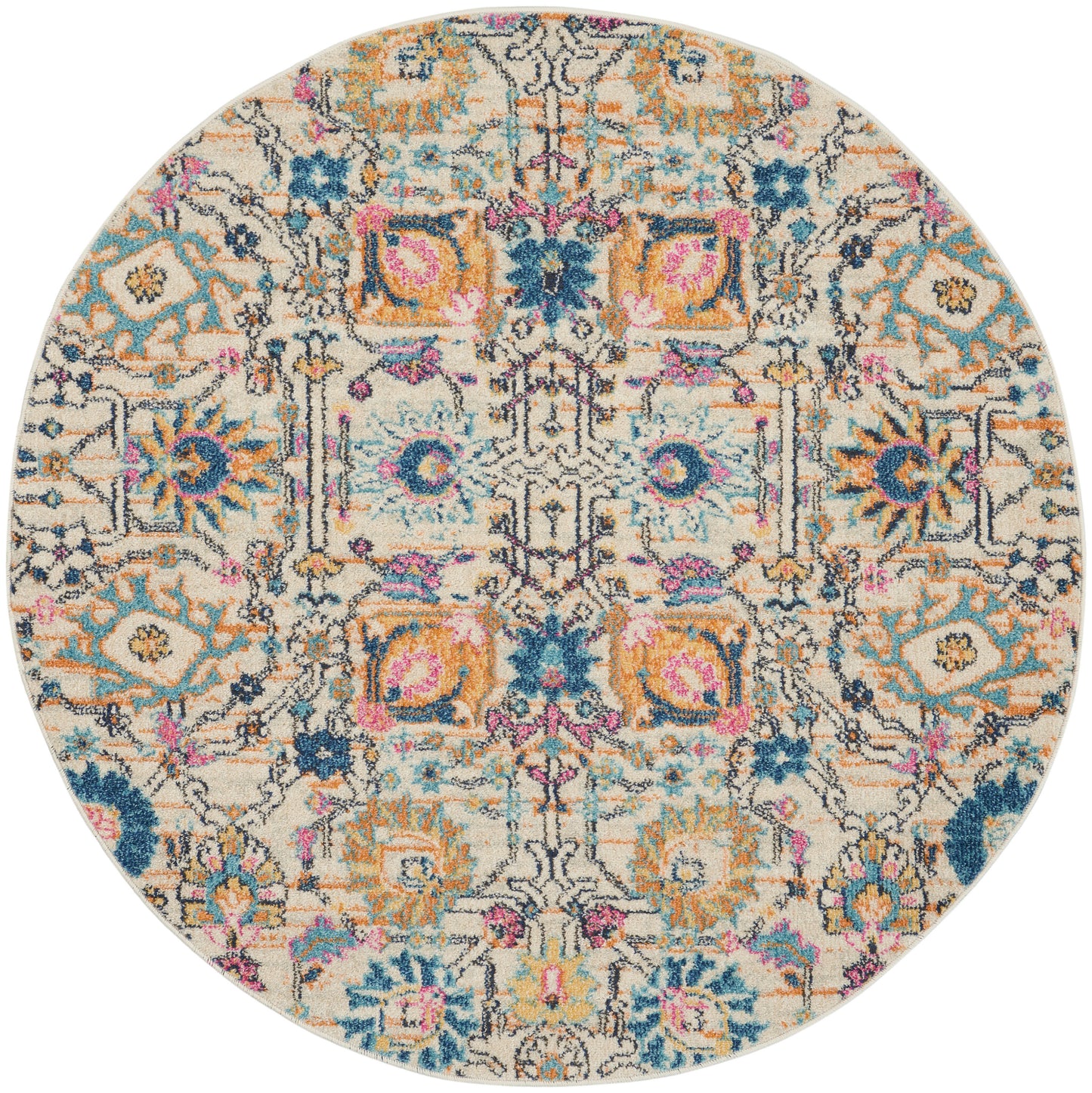 Round rug with vintage floral medallions in teal, orange, pink and blue on a cream distressed background.