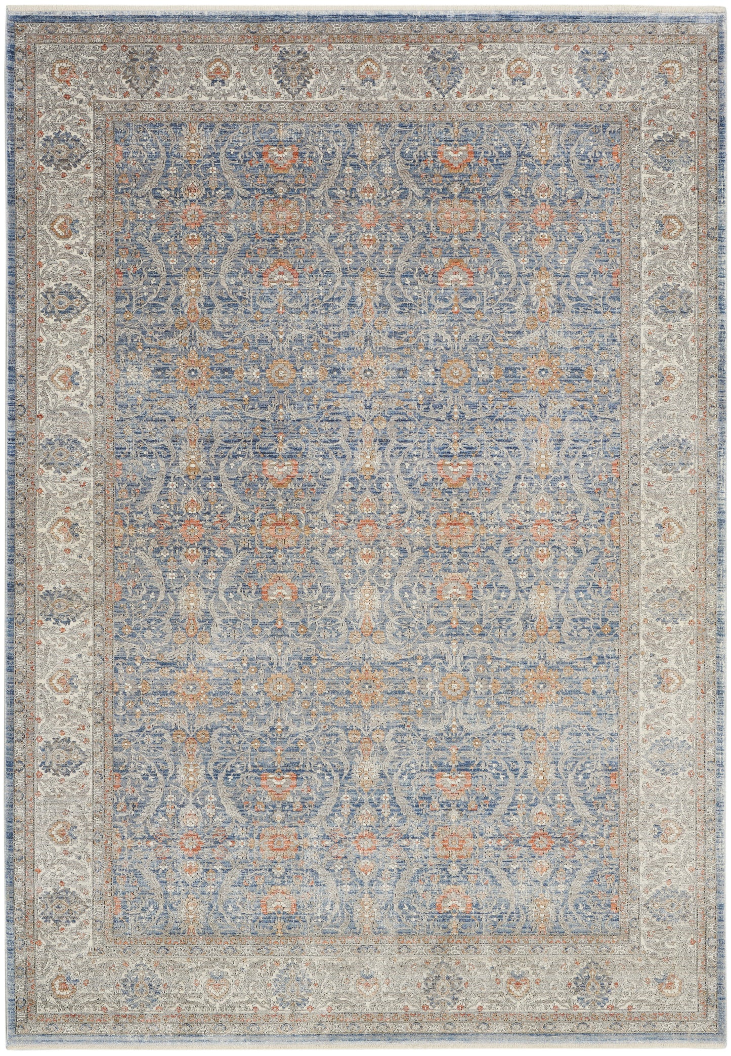 Rectangular distressed Persian-style rug with blue field, ivory border and peach floral motifs.