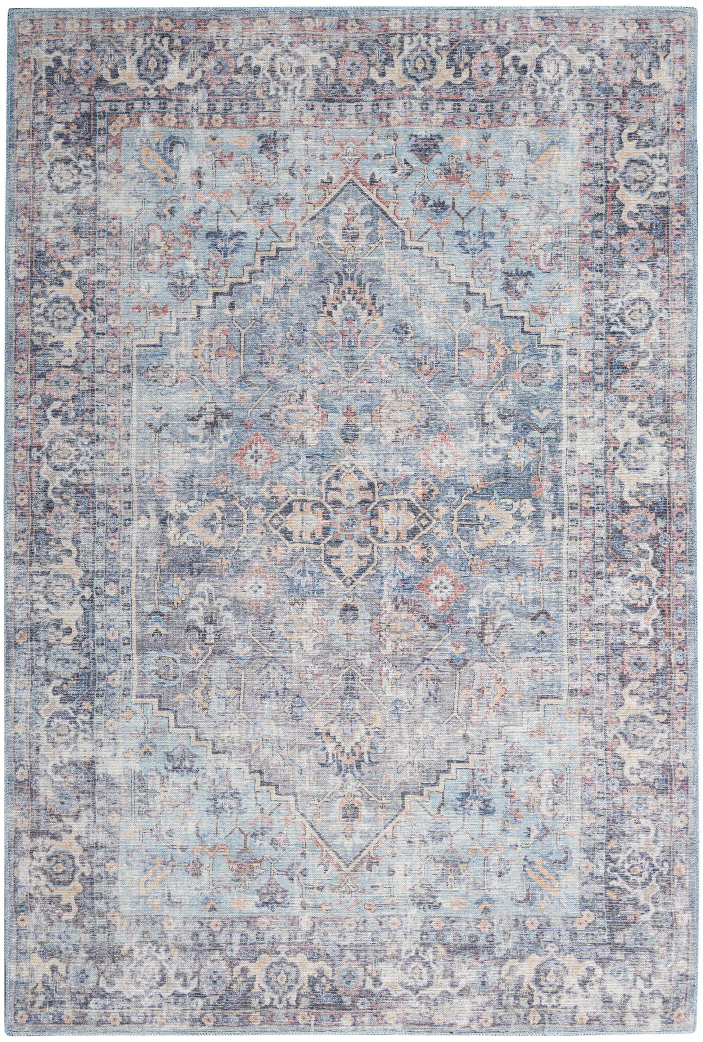 Muted blue oriental rug with a central medallion, faded floral motifs, and a vintage ivory border.