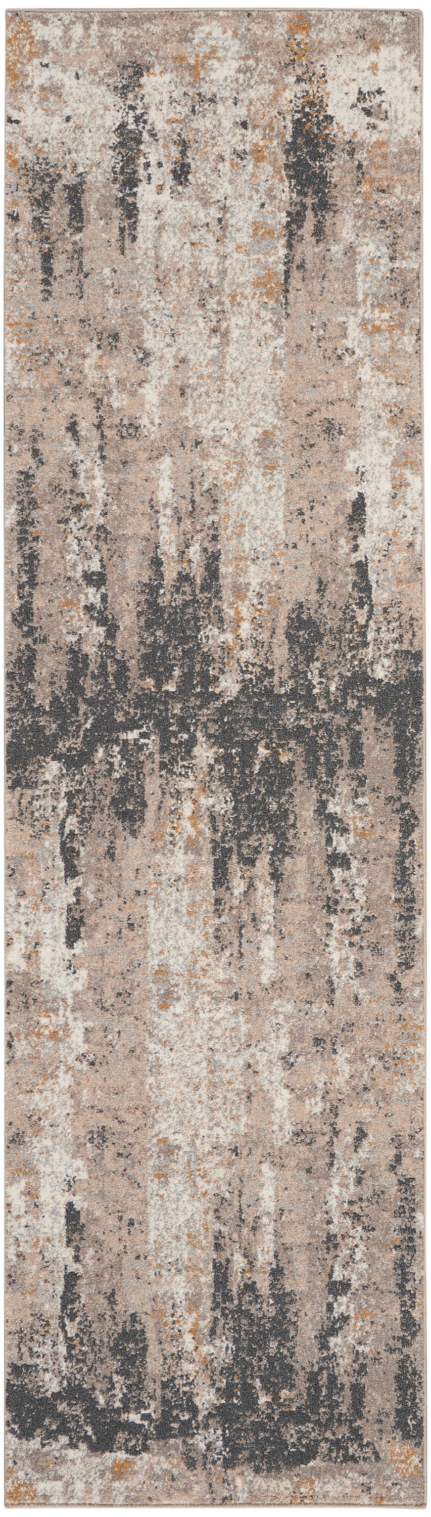 Long abstract distressed runner rug with beige, taupe, cream, black and orange streaks; modern runner for hallway or living room.