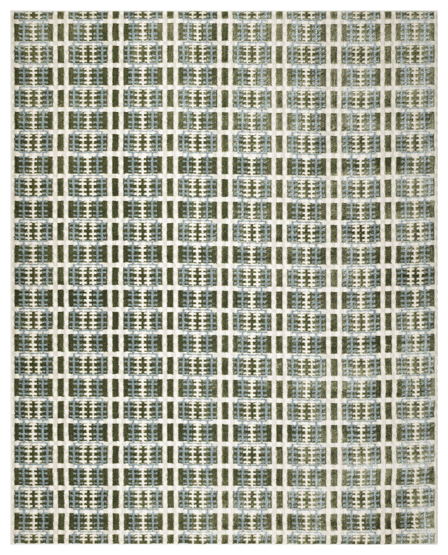 Geometric woven rug with blue-gray squares and pale grid lines in a repeating checker pattern, modern and textured.