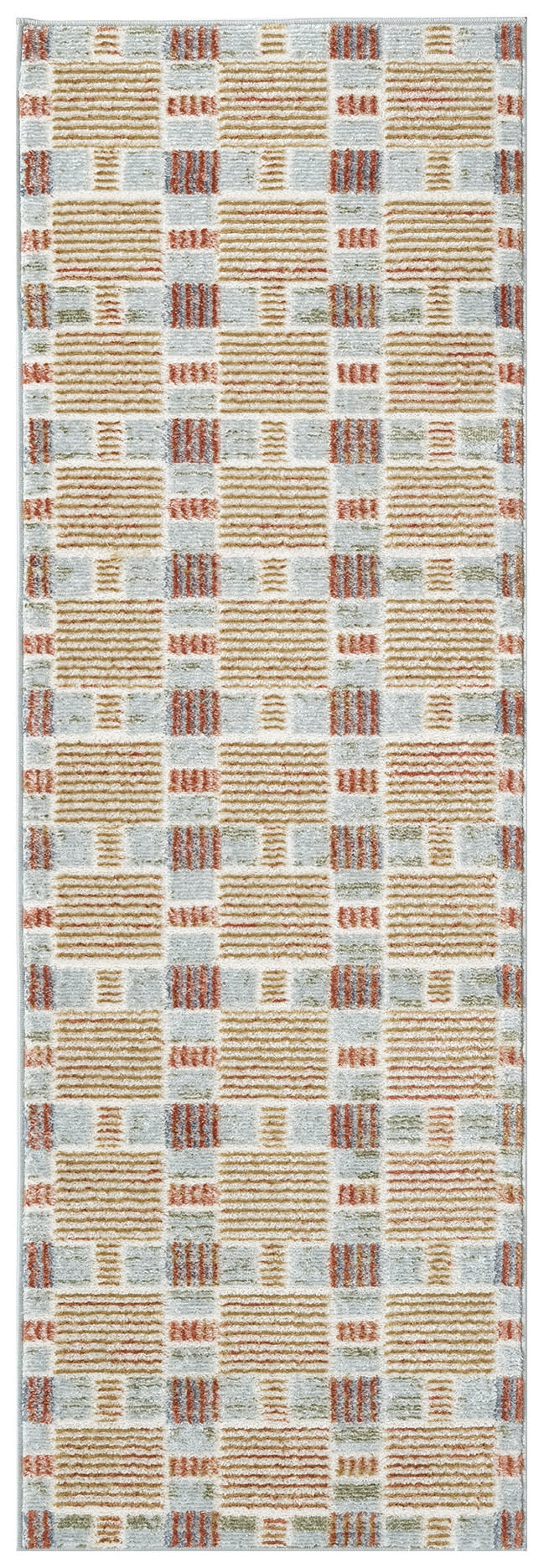 Rectangular rug runner in light blue, tan & coral with striped squares & vertical bars; modern geometric pattern.