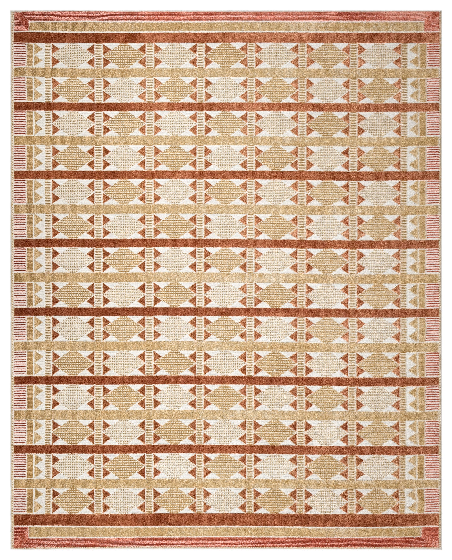 Warm geometric area rug with beige, tan and rust stripes, diamond motifs and bordered frame.