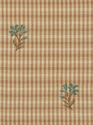 Beige-brown gingham fabric with two teal floral embroidery motifs; rustic woven home decor textile.