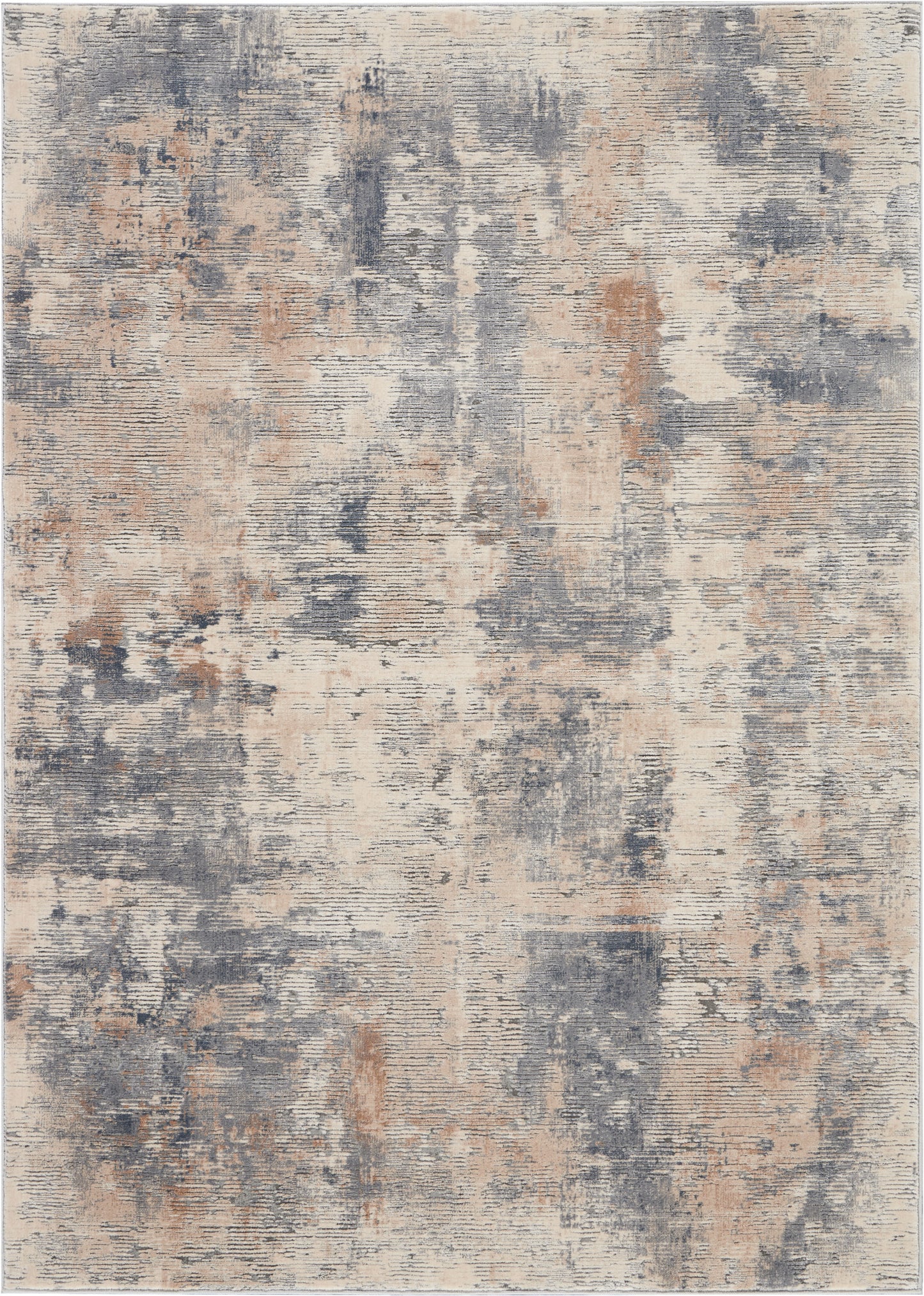 Abstract distressed area rug in beige, cream and blue-gray with painterly pattern; soft pile for modern living spaces.