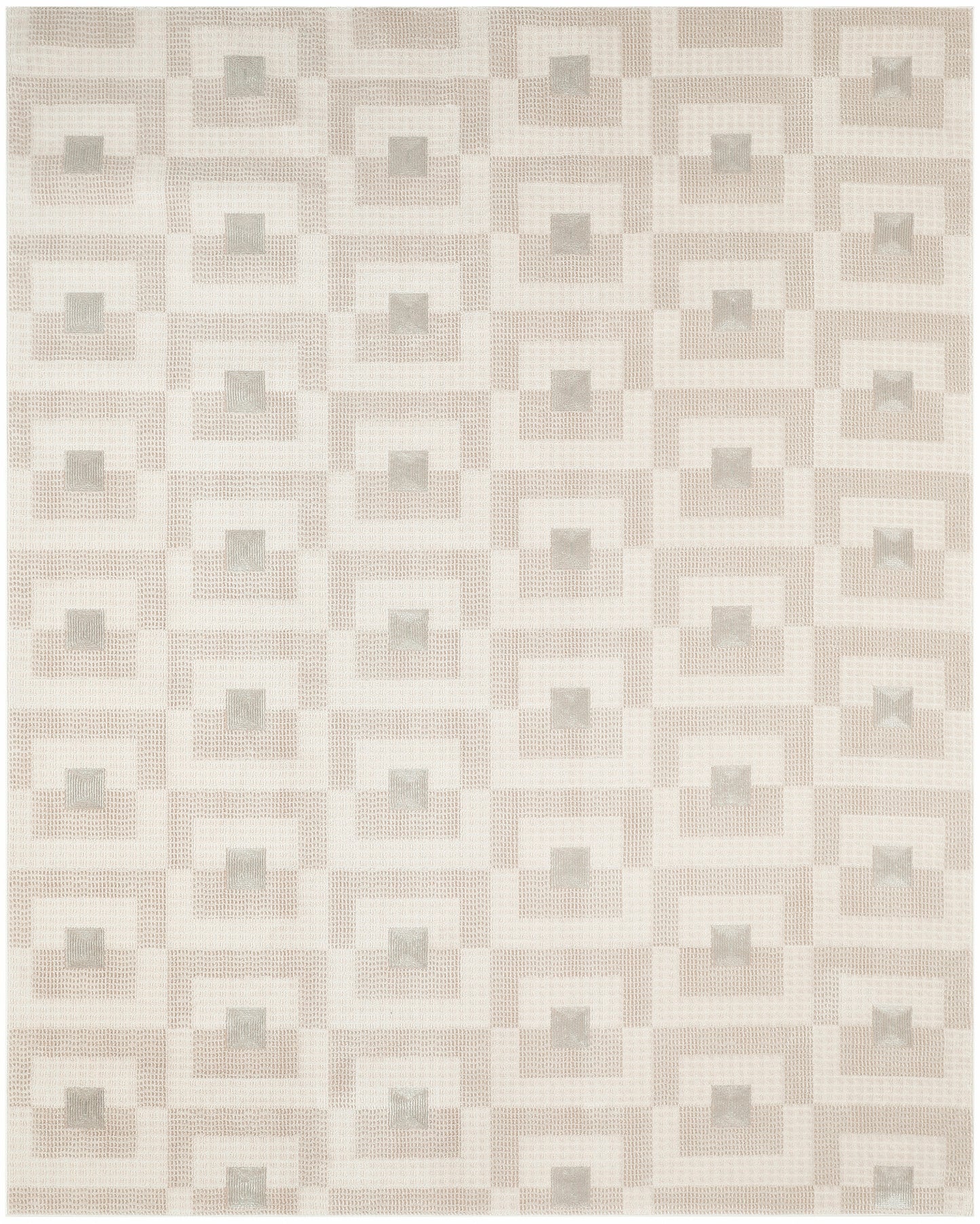 Rectangular beige rug featuring a repeating nested square motif in taupe and gray for a geometric, mid-century look.