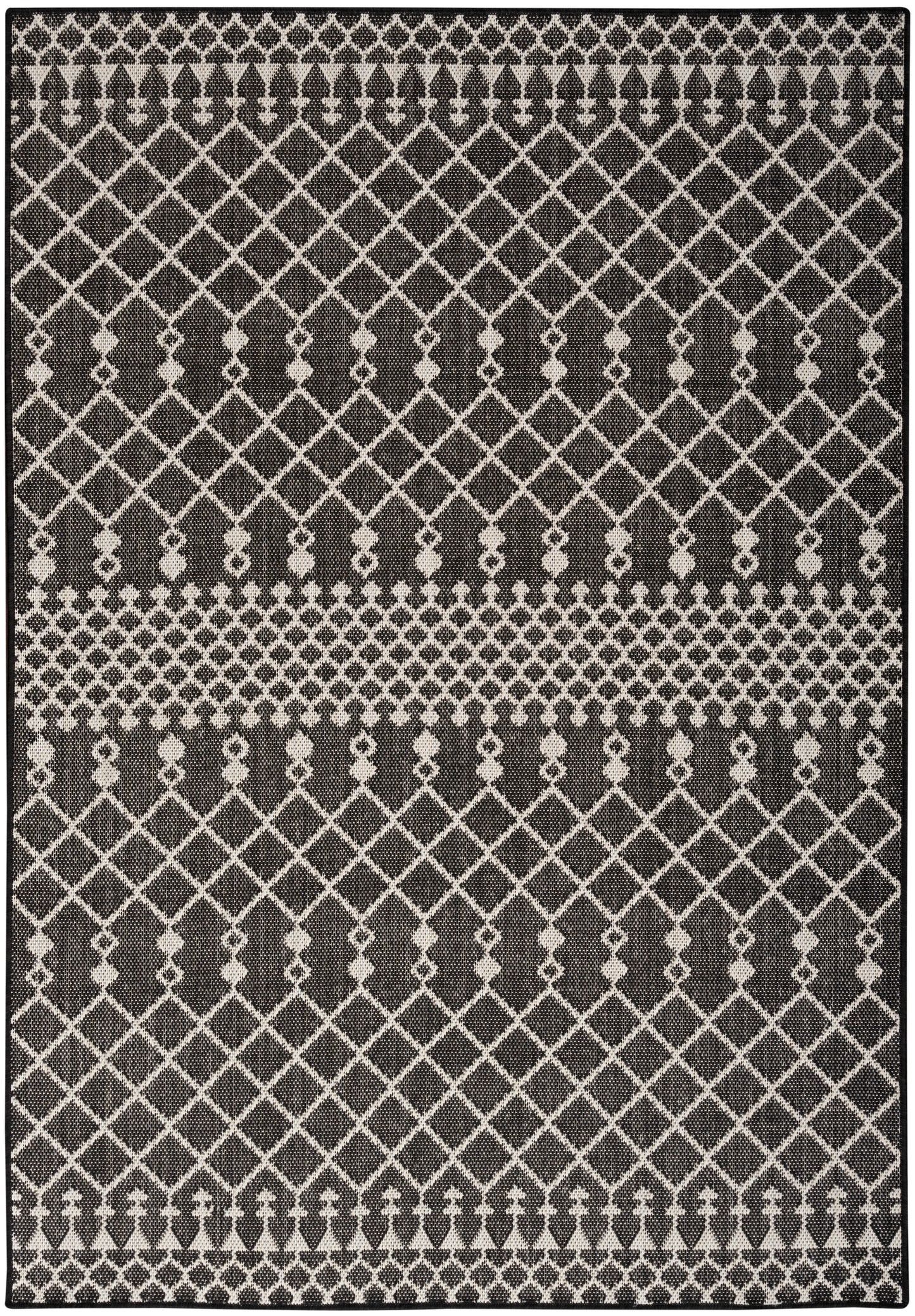 Gray & ivory woven rug with diamond lattice patterns & bordered bands; modern geometric decor for living room.