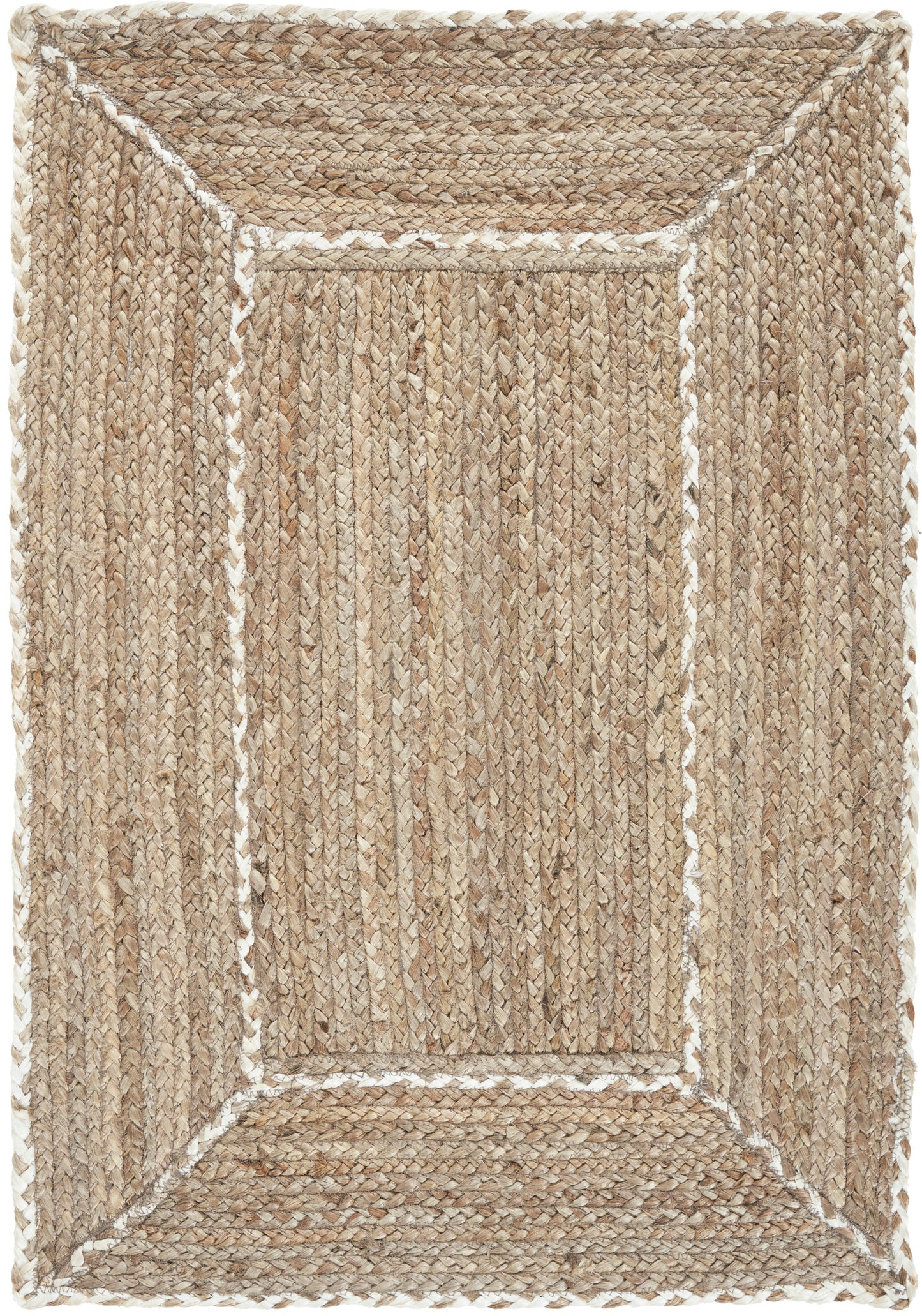 Natural jute rectangular rug with braided border and framed central panel; beige and tan tones, rustic coastal style.