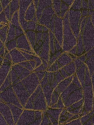 Textured purple upholstery fabric with irregular gold metallic threads in an abstract pattern.