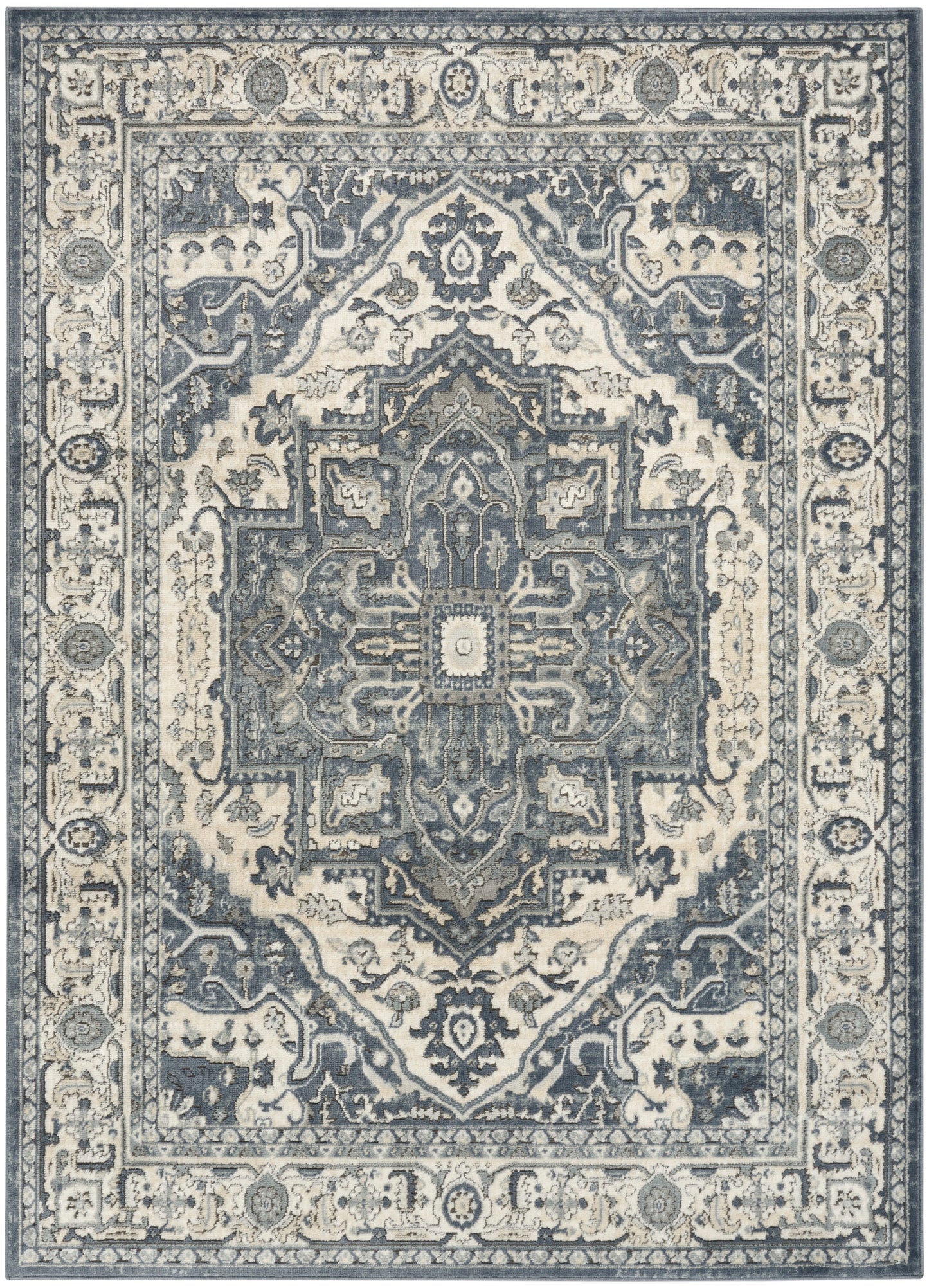 Blue and ivory Persian-style area rug with intricate central medallion, floral borders, rectangular shape.