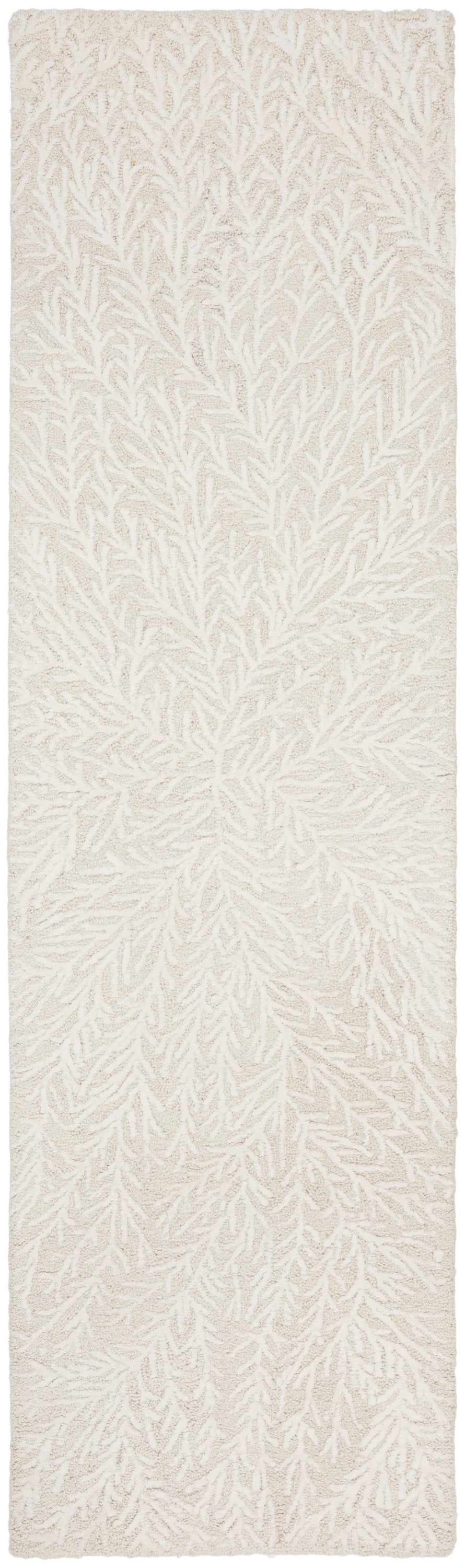 Cream shag rug with taupe branch pattern; long rectangular hallway runner, plush textured.