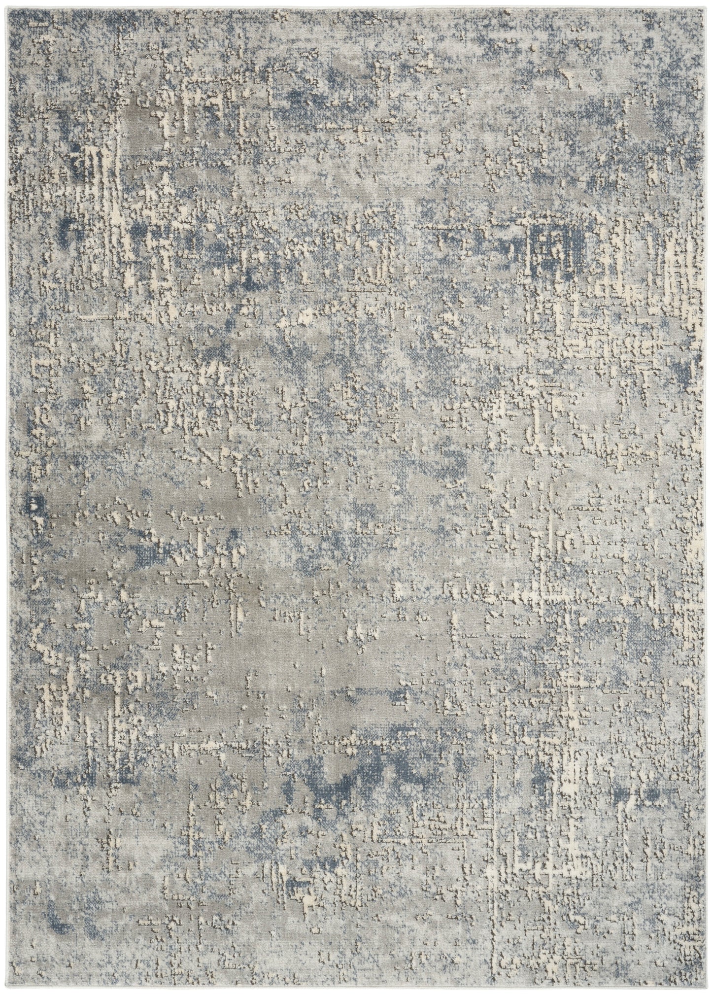Rectangular blue-gray distressed abstract area rug with beige highlights; contemporary living room style.