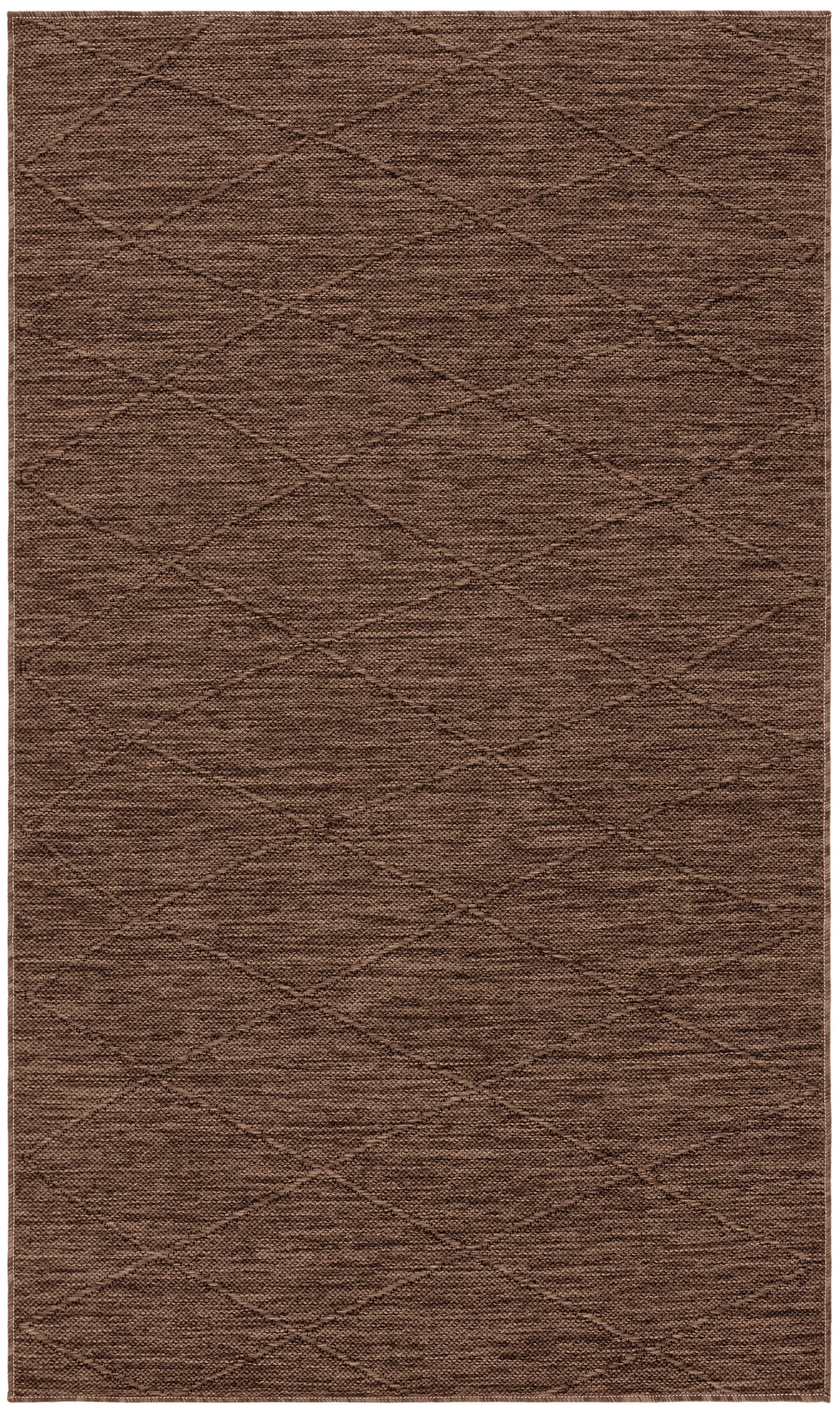 Brown rectangular area rug with a textured weave and subtle diamond lattice pattern.