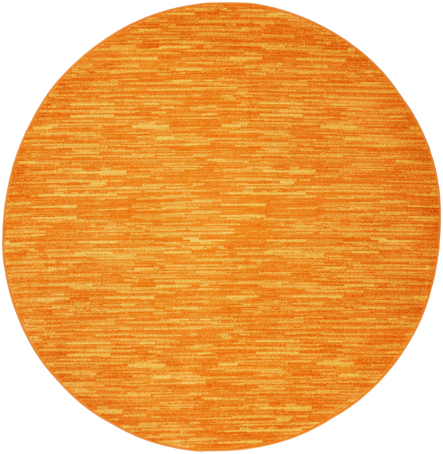 Round orange outdoor rug with subtle striped texture and warm tonal variation.