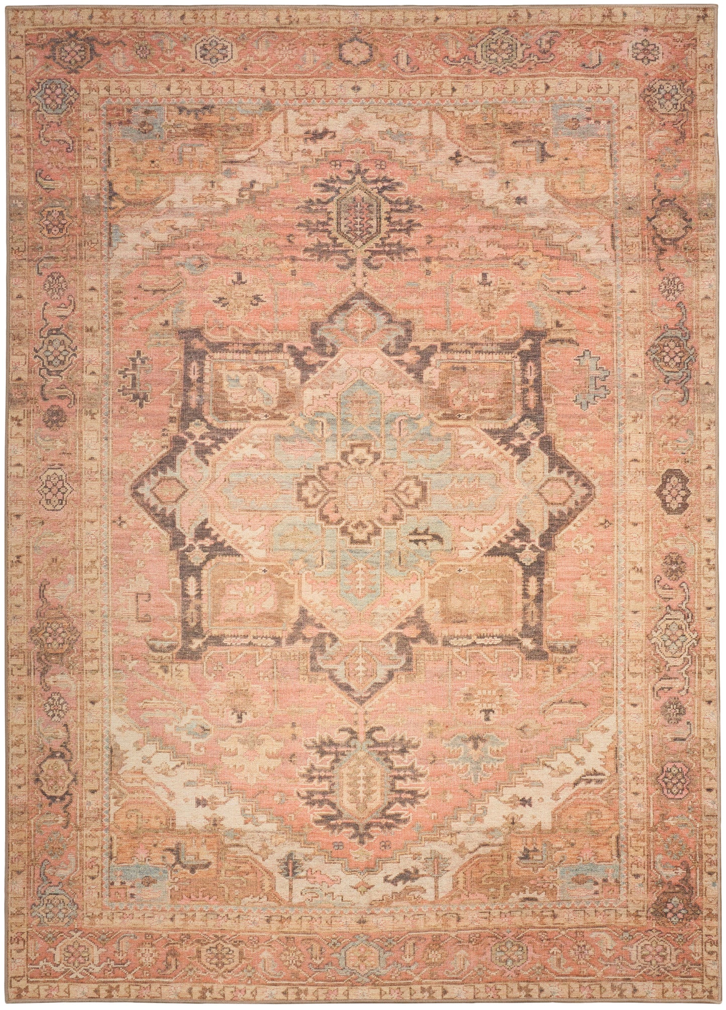 Rectangular vintage pink-peach oriental rug with central medallion, ivory, blue and rust accents; ornate, wool-like pile.