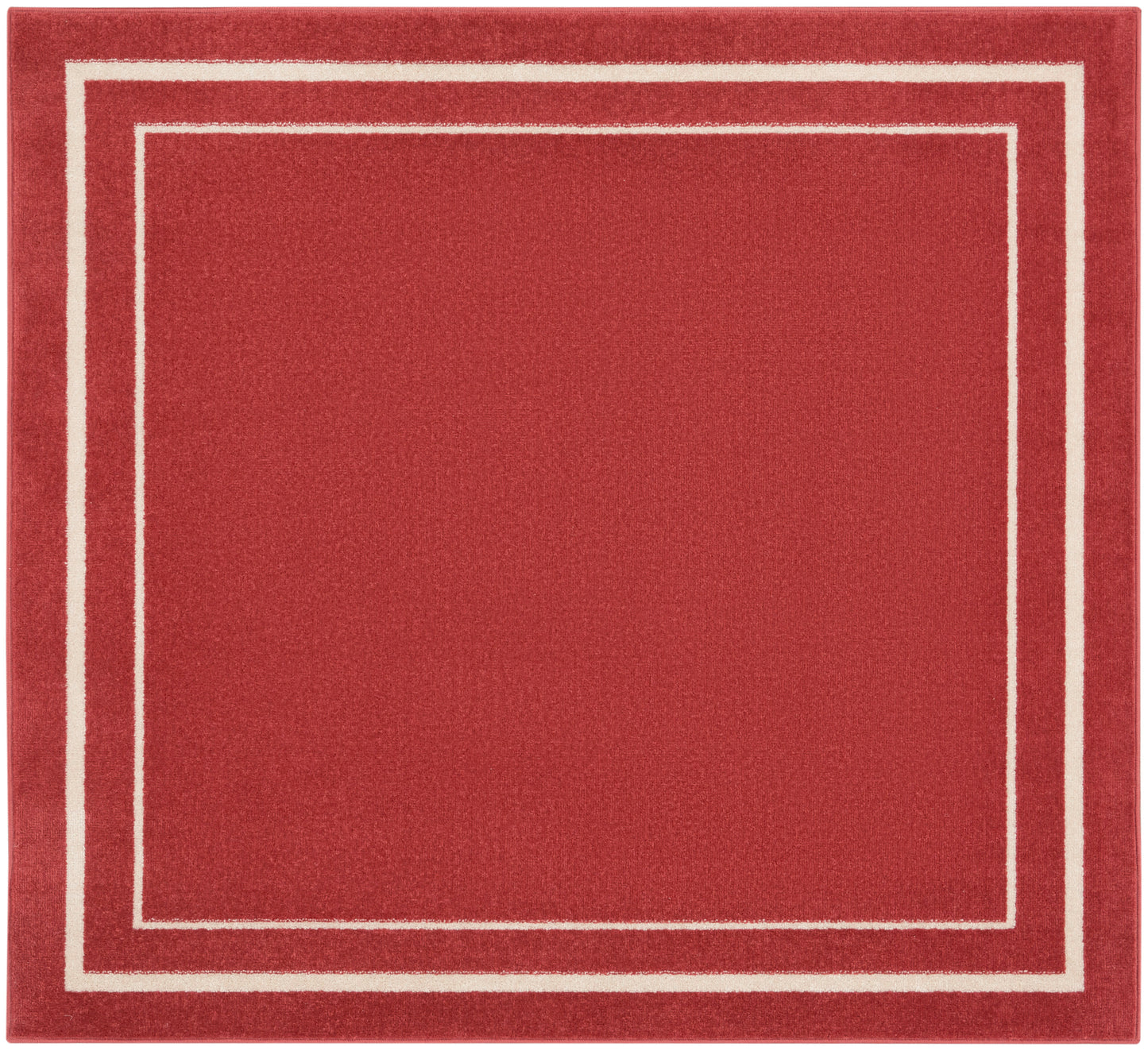 Red square rug with ivory-white nested border rectangles and plush texture.