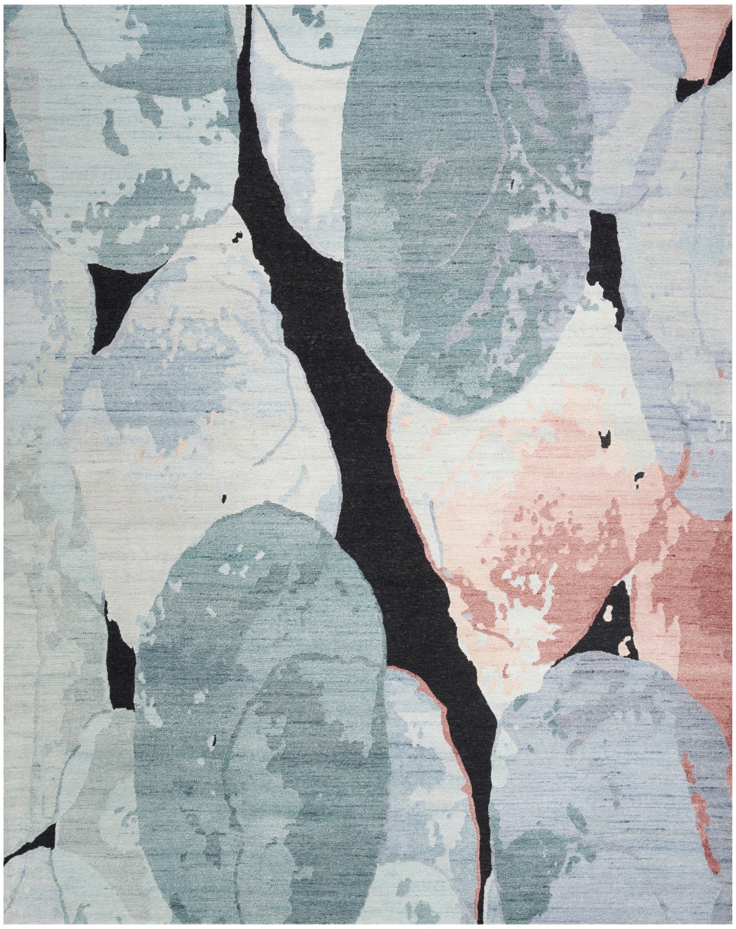 Abstract botanical rug featuring pastel blues, teals and peach with bold black branch shapes.