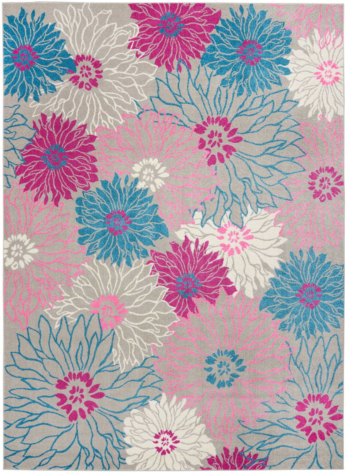 Colorful area rug with oversized pink, magenta, teal blue and white flowers on a light gray background.