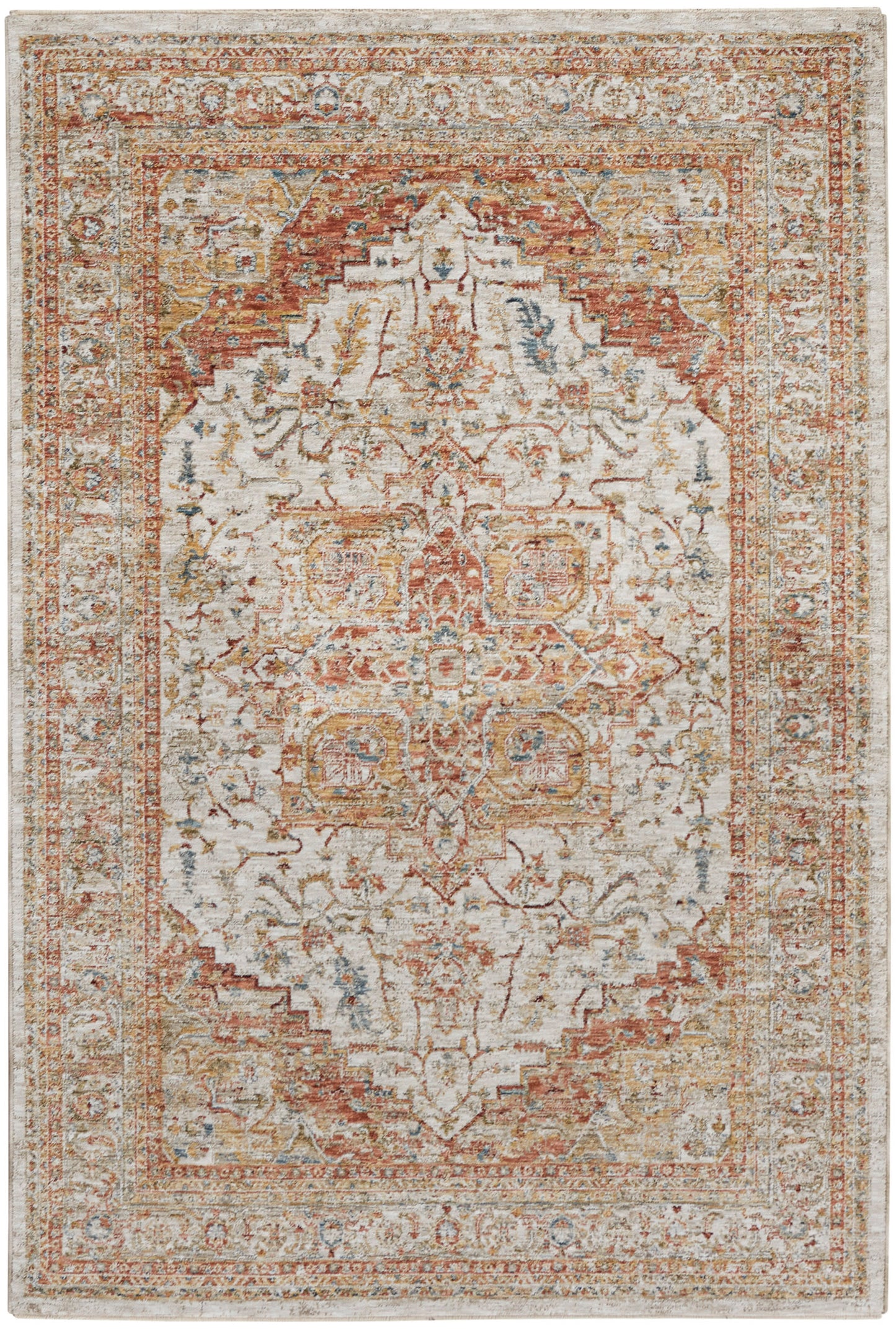 Vintage-inspired Persian-style area rug with distressed ivory, rust and gold tones with blue accents.