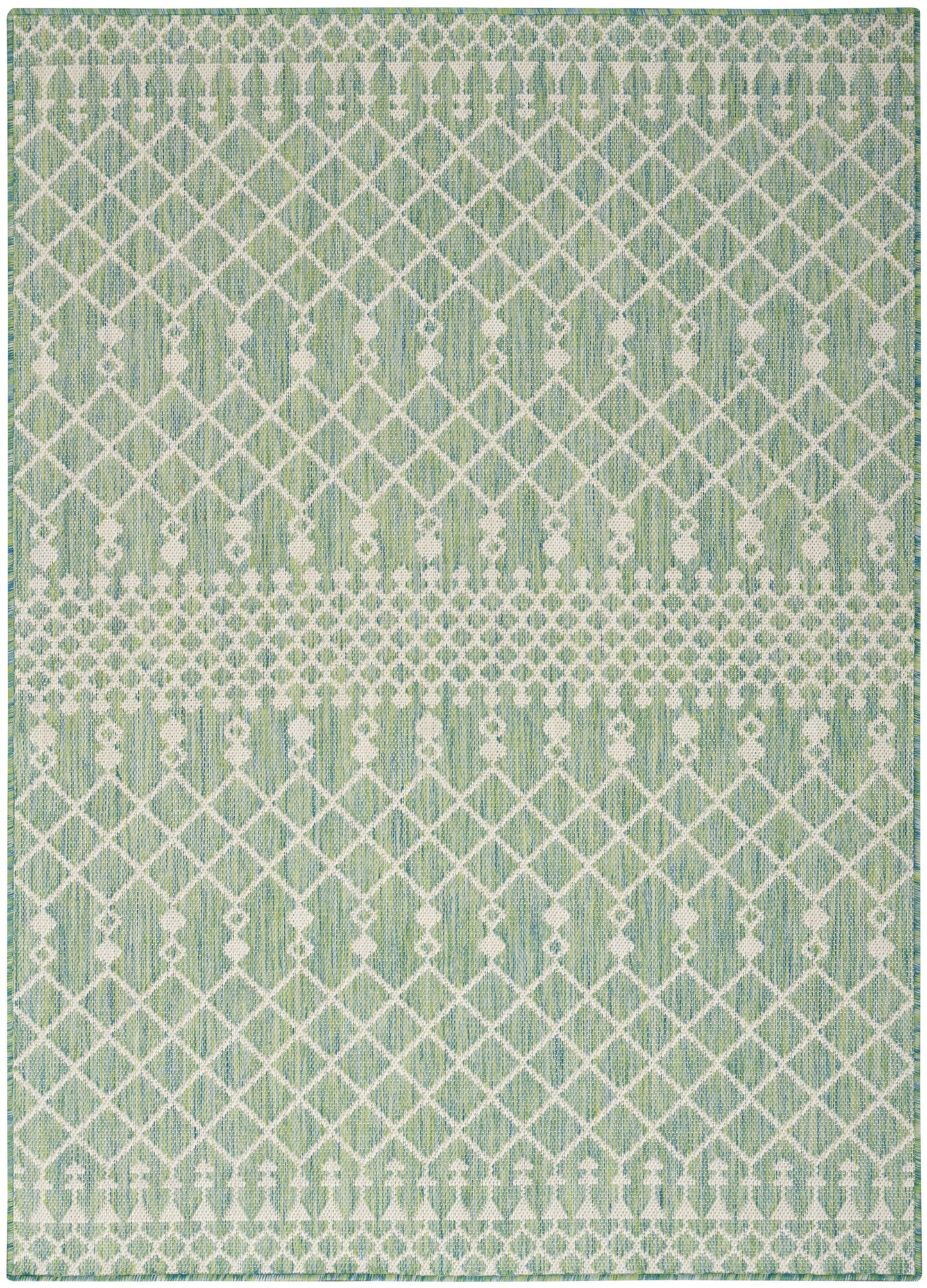 Mint-green rug with white lattice diamond pattern and dotted horizontal bands; geometric, modern look.