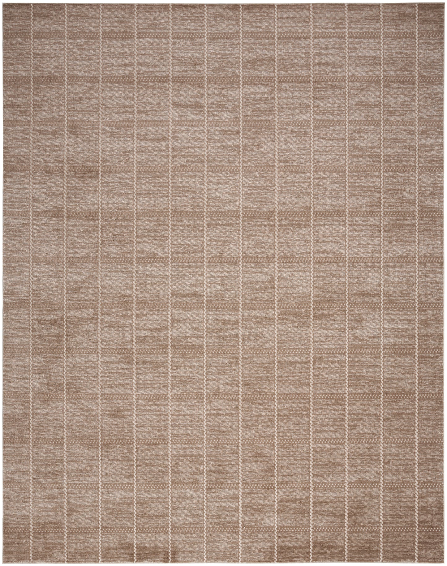 Neutral tan rug with cream vertical grid lines, geometric modern style for living rooms.