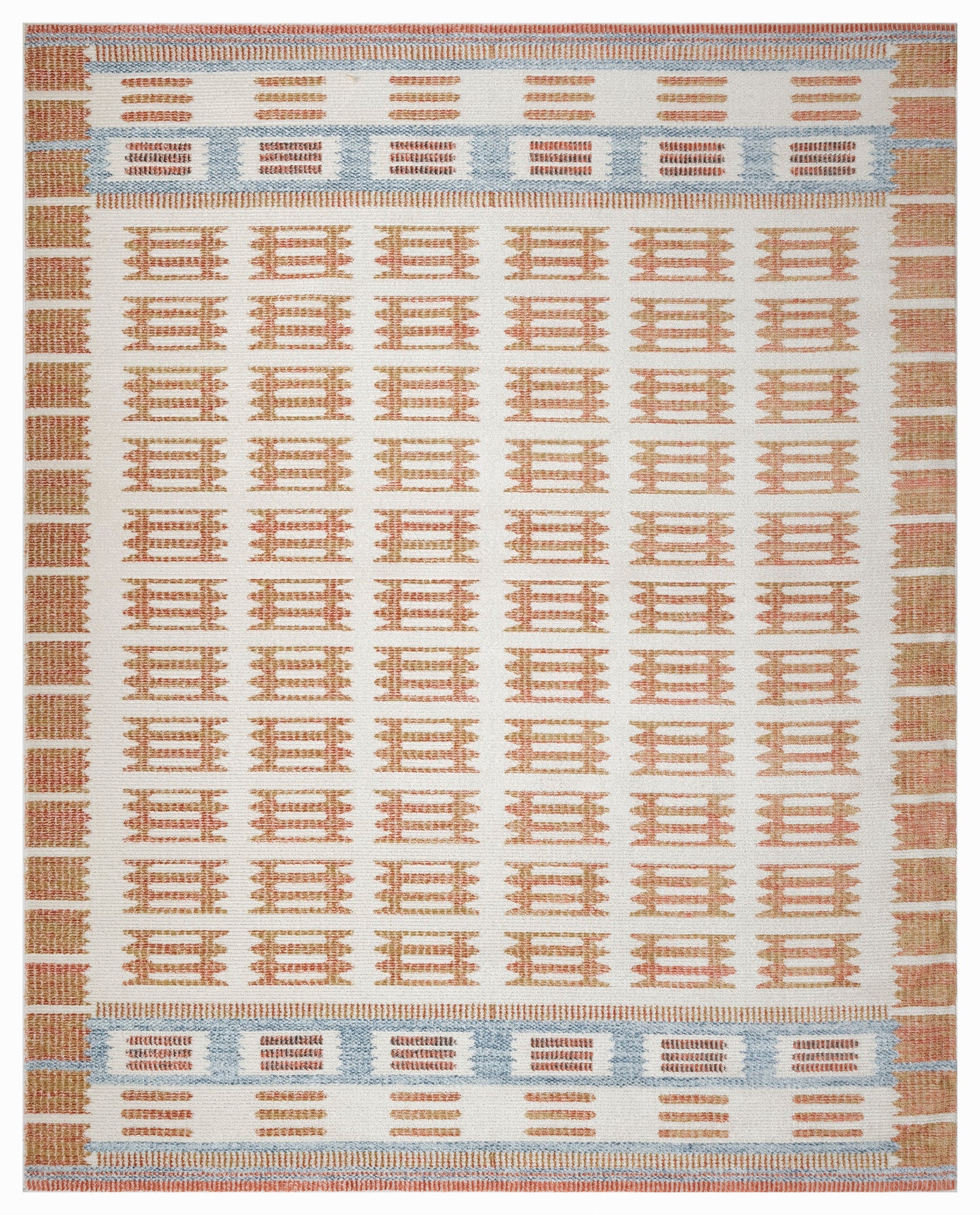 Rectangular woven rug with cream field, peach geometric lattice blocks, and pale blue border bands for a warm, modern tribal look.