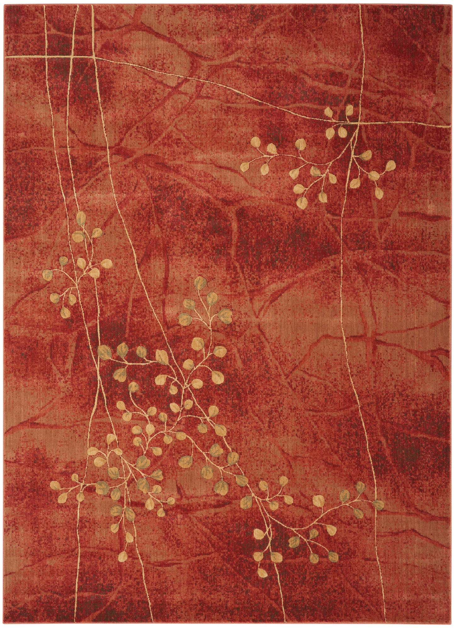Red Oriental-style rug with gold vine branches and small round leaves on a textured crimson background.