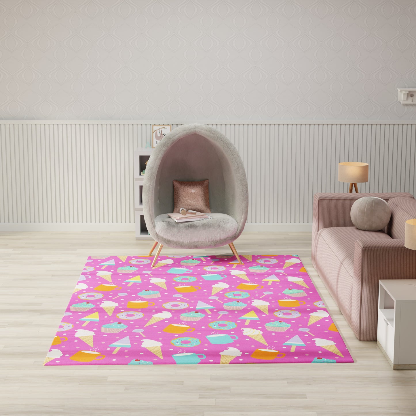 Bright pink geometric area rug with teal, yellow, and white shapes in a modern living room with a round gray papasan chair.