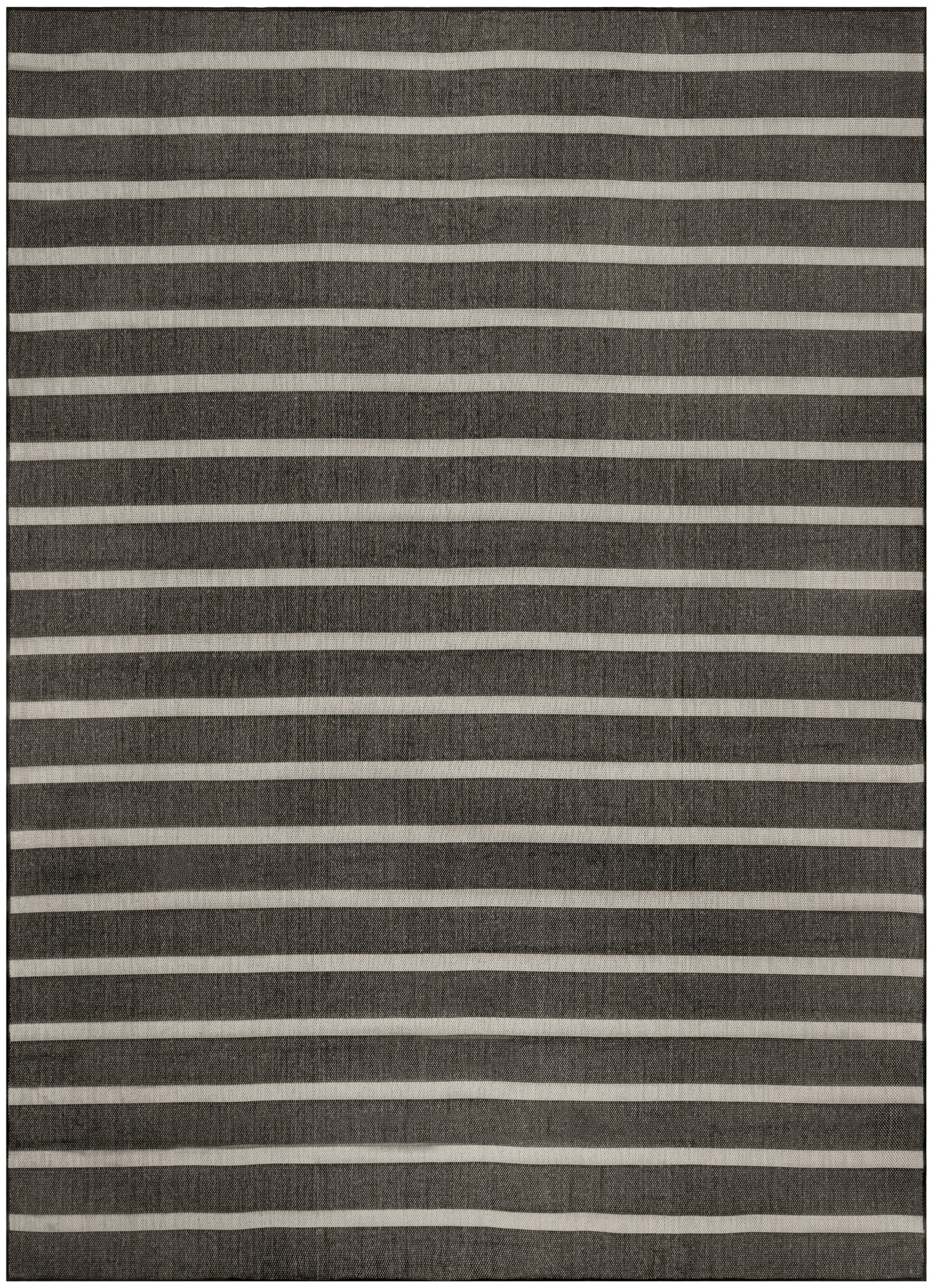 Charcoal grey flatweave rug with evenly spaced white horizontal stripes; modern textured floor mat.
