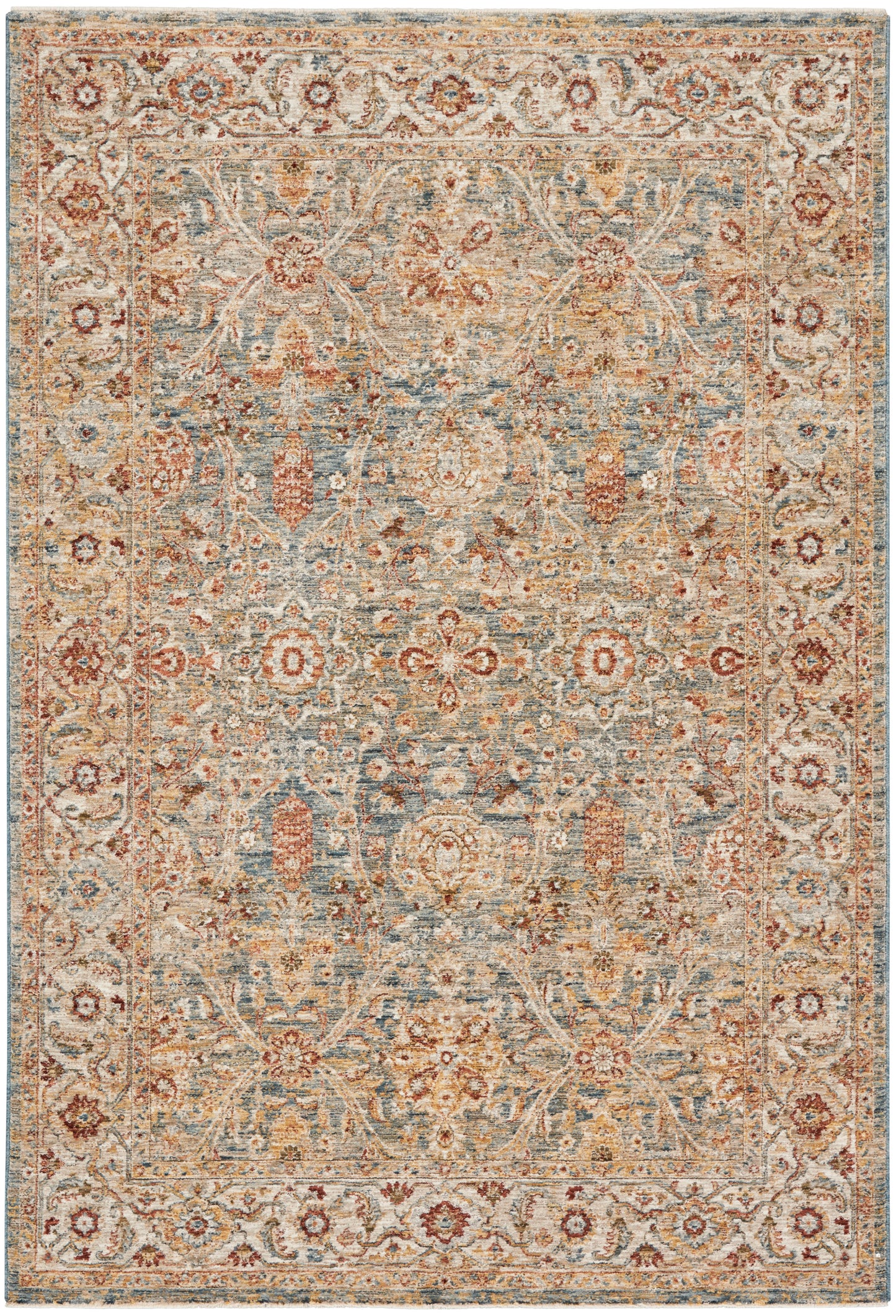 Rectangular Persian-inspired area rug with ivory, blue and rust floral patterns, ornate border, distressed antique look.