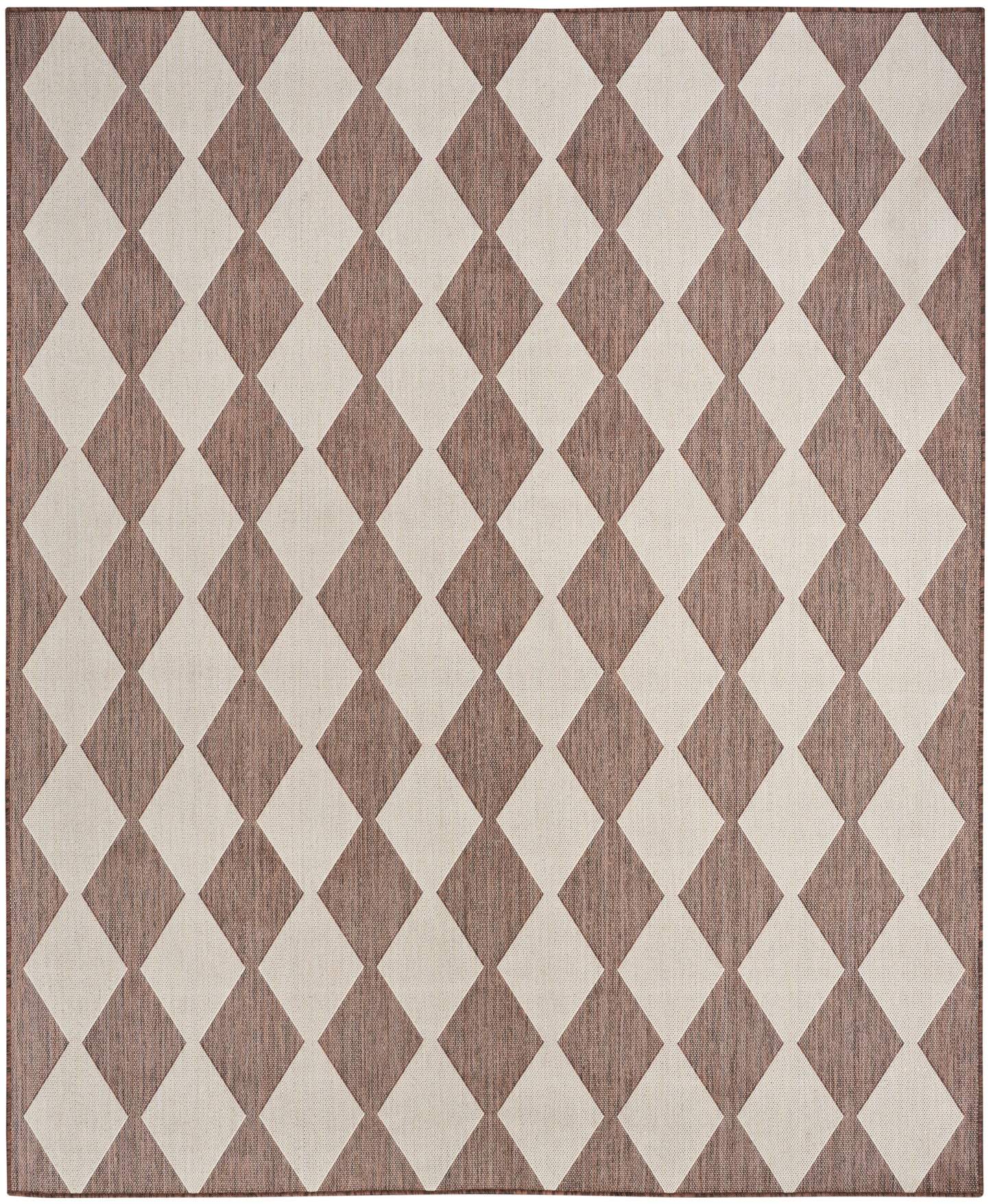 Rectangular rug featuring a brown and beige diamond harlequin pattern with woven texture and darker border.