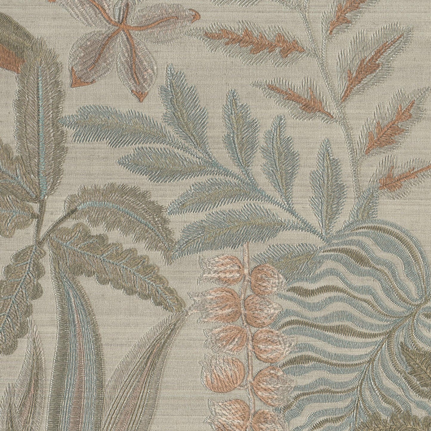Vinyl wallpaper with a botanical pattern in peach, orange and taupe on a light background.