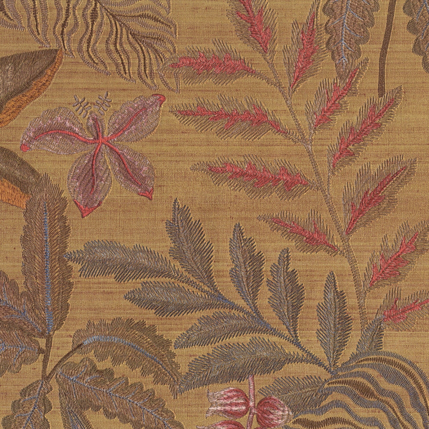 Golden-brown wallpaper with a botanical pattern featuring fern fronds, leaves and pink flowers.