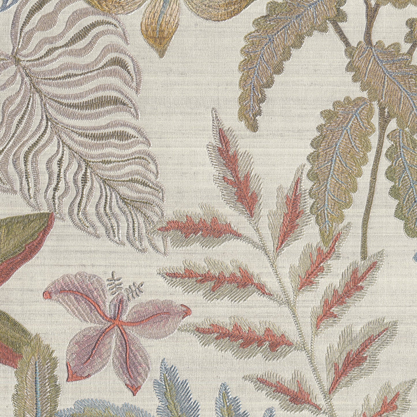 Wallpaper with botanical pattern on cream background; pink/red ferns, green leaves, and blue accents; vinyl wallpaper with subtle texture.