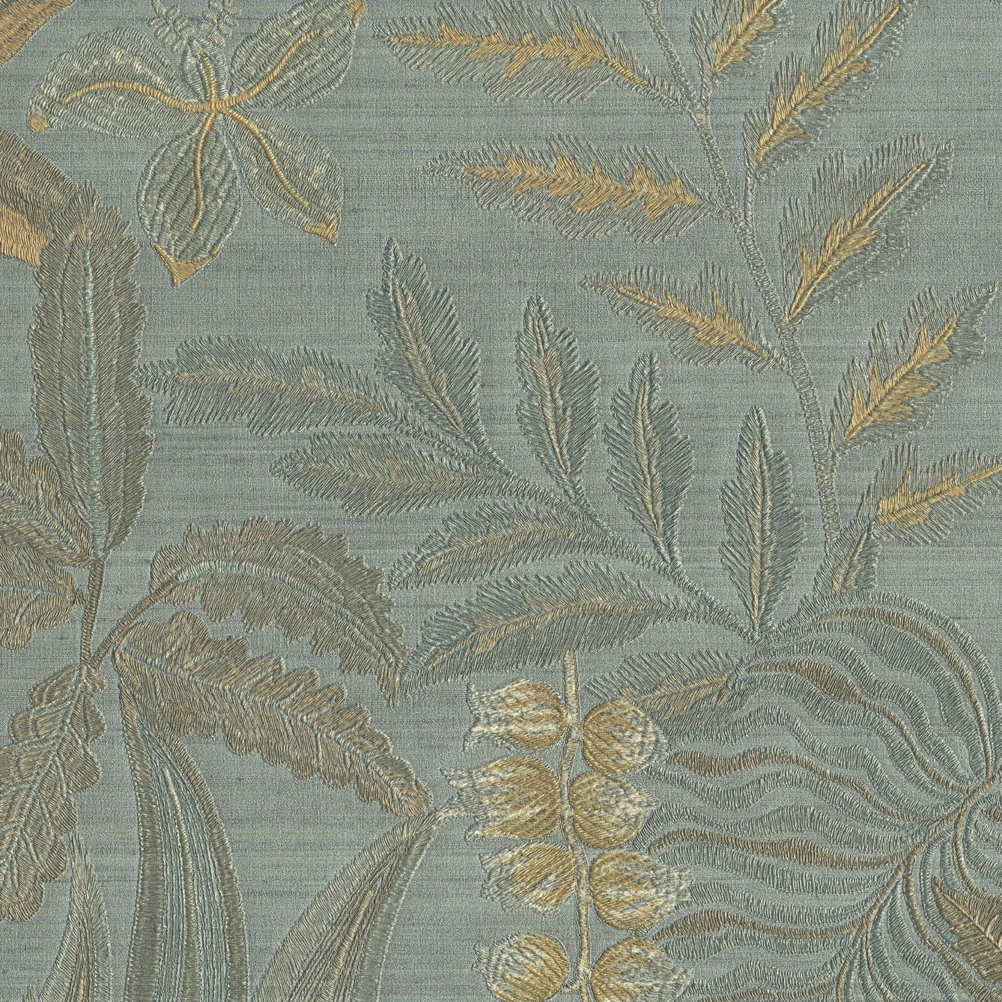 Teal wallpaper with gold & taupe botanical jacquard pattern featuring leaves & ferns, textured vinyl finish.
