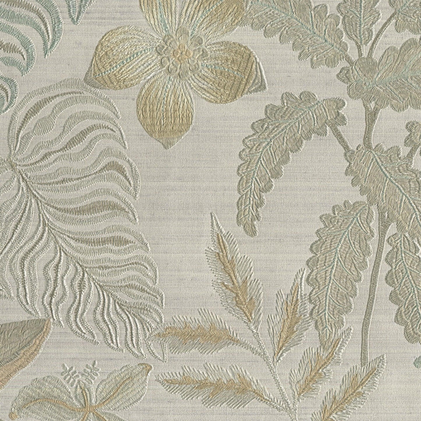 Beige wallpaper with a subtle jacquard-like botanical motif in sage and champagne gold, featuring a large flower and fern leaves.