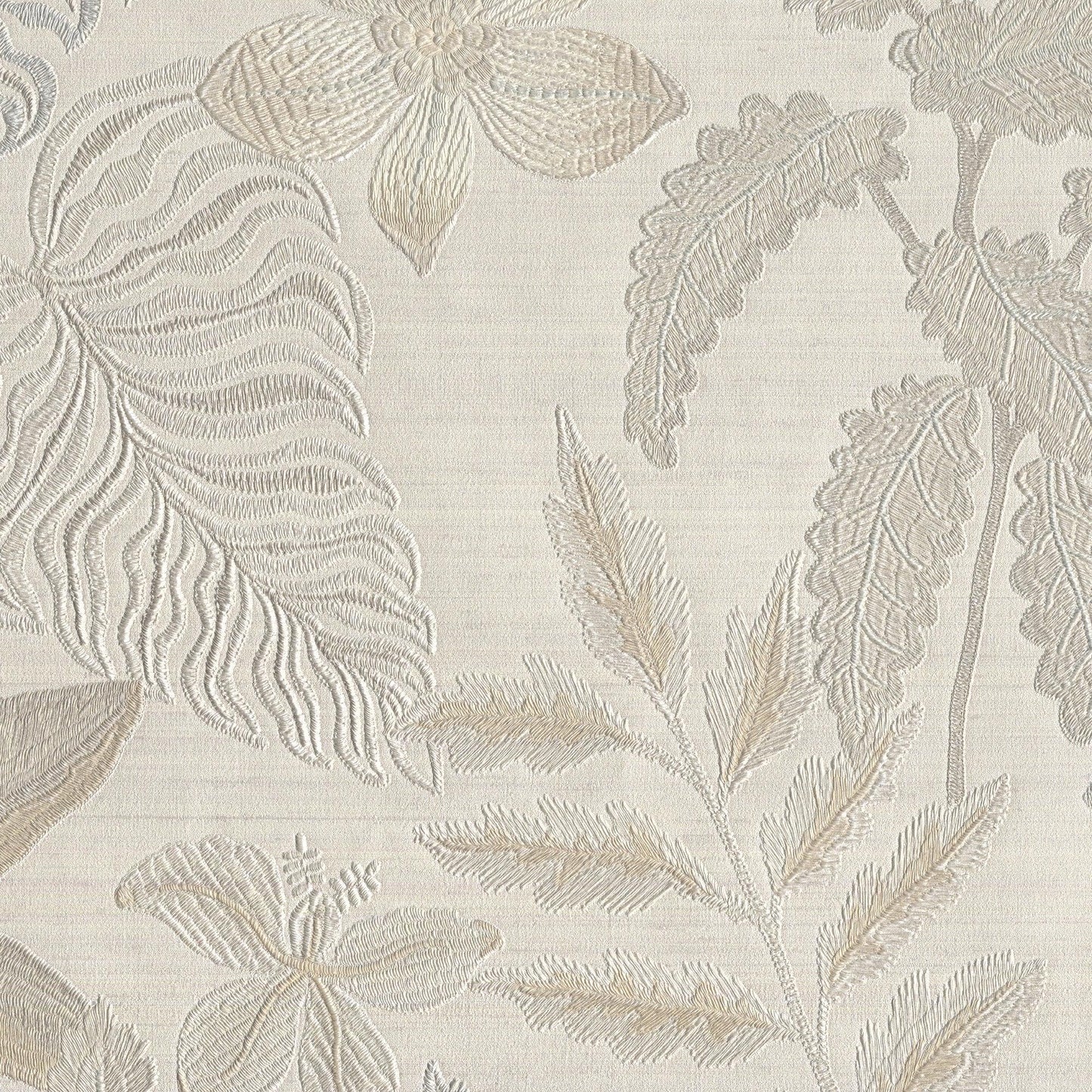 Beige vinyl wallpaper with a subtle ivory and pale gold botanical damask pattern.