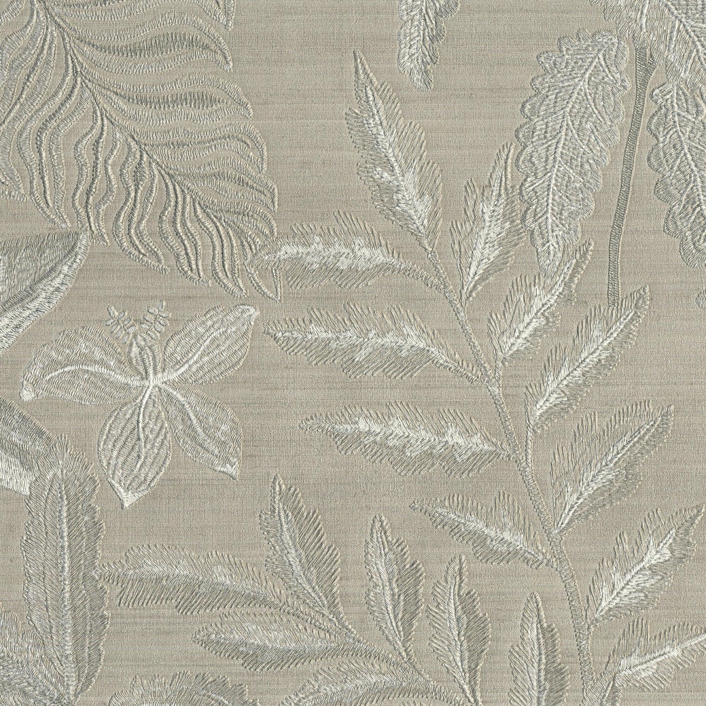Grey and white vinyl wallpaper with a botanical damask motif.