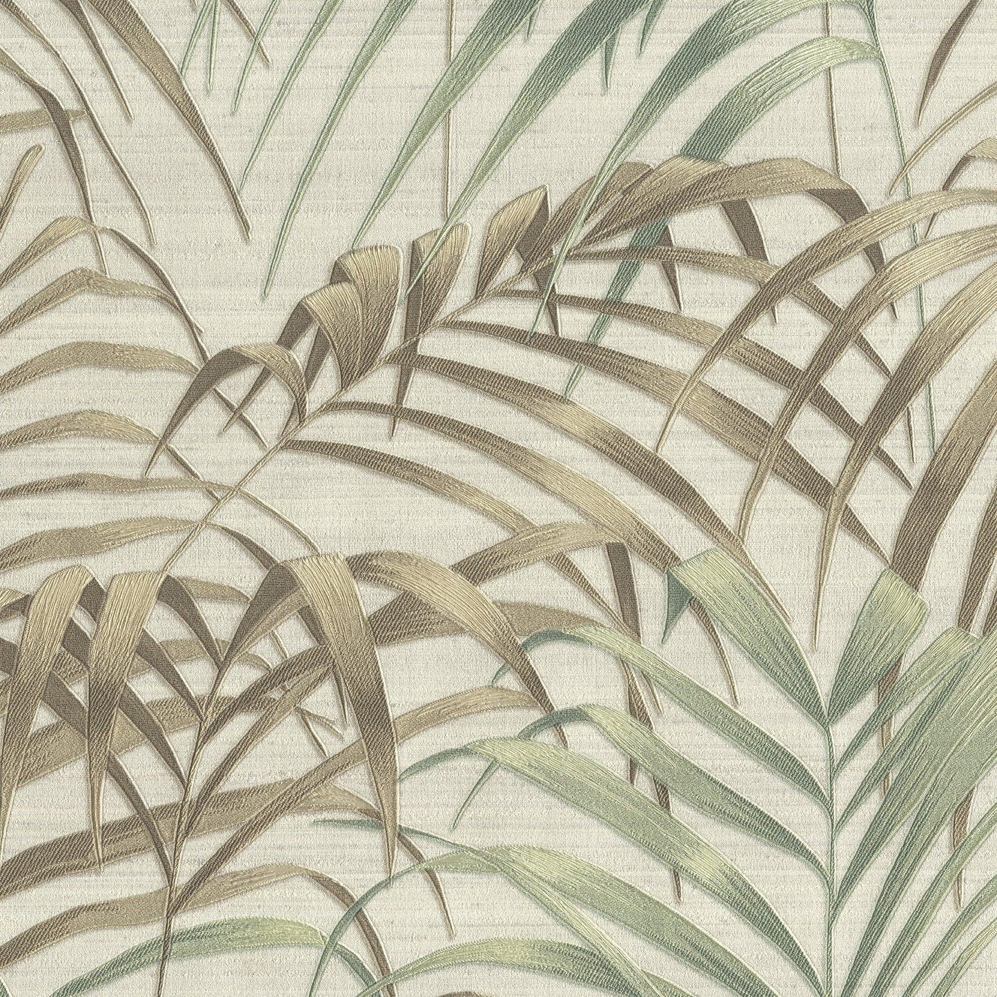 Beige tropical wallpaper with overlapping palm fronds in brown & sage green, textured linen-like backdrop.