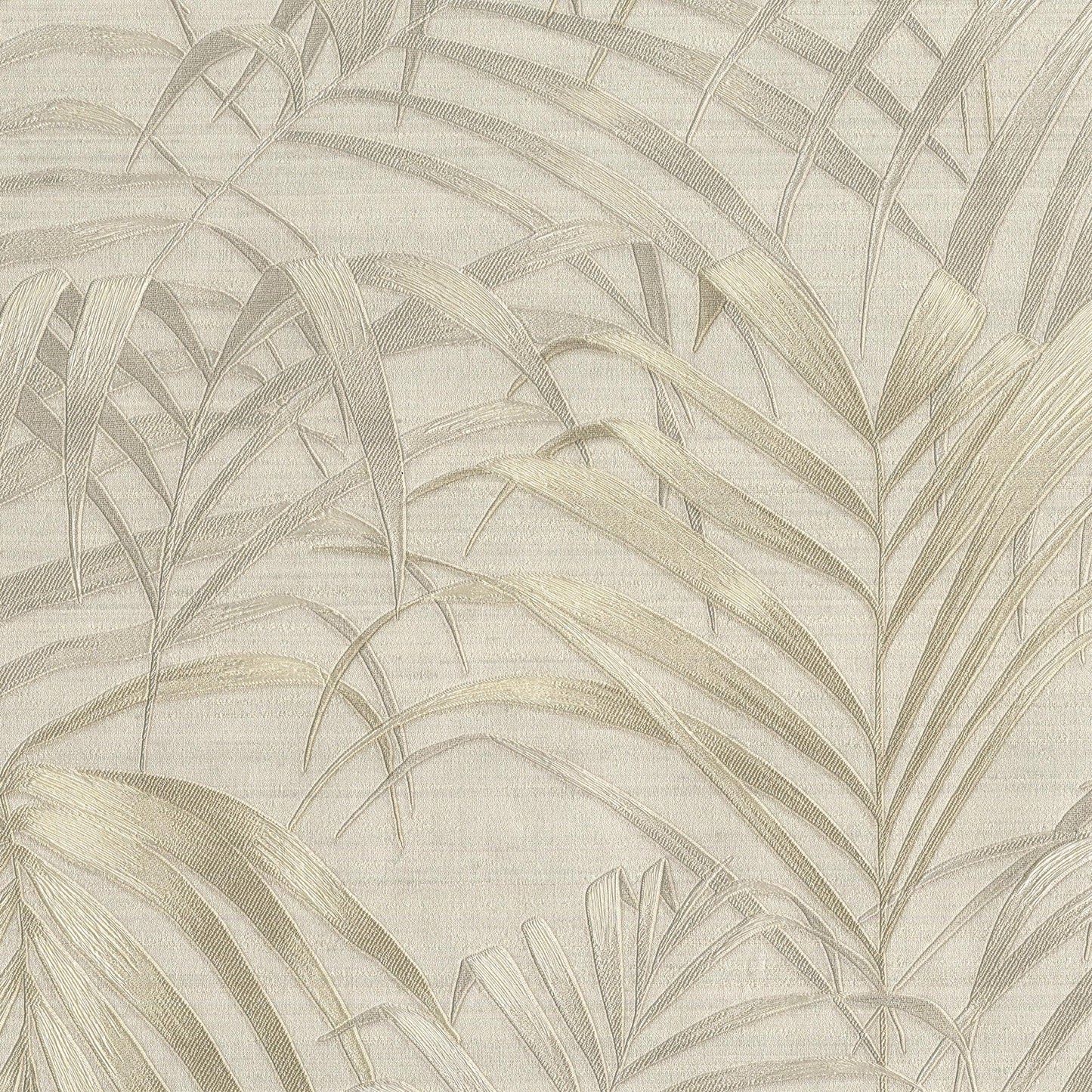 Beige and cream palm leaf wallpaper with subtle metallic sheen, botanical tropical pattern.