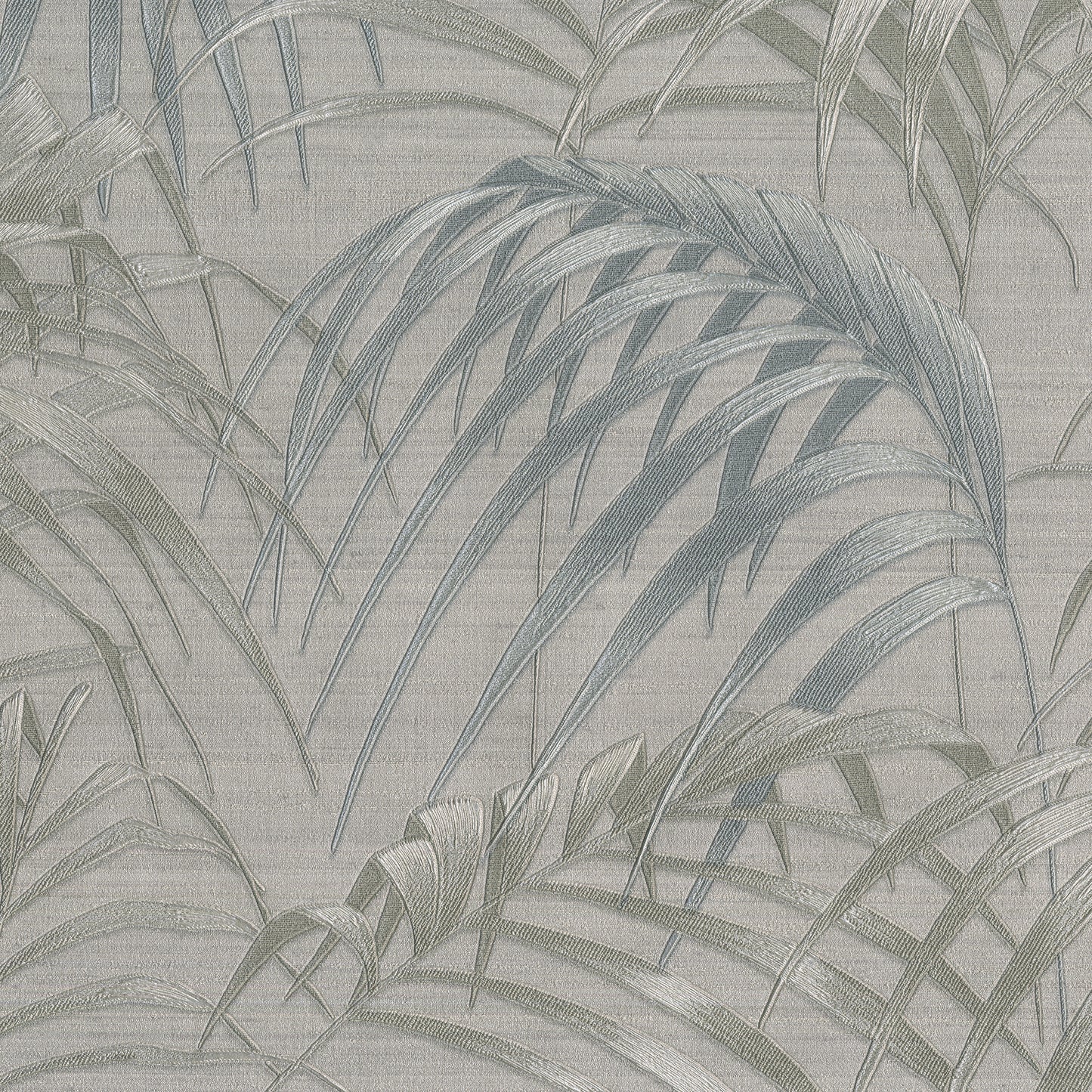 Muted blue-green palm fronds on a beige textured backdrop; tropical botanical wallpaper for walls.