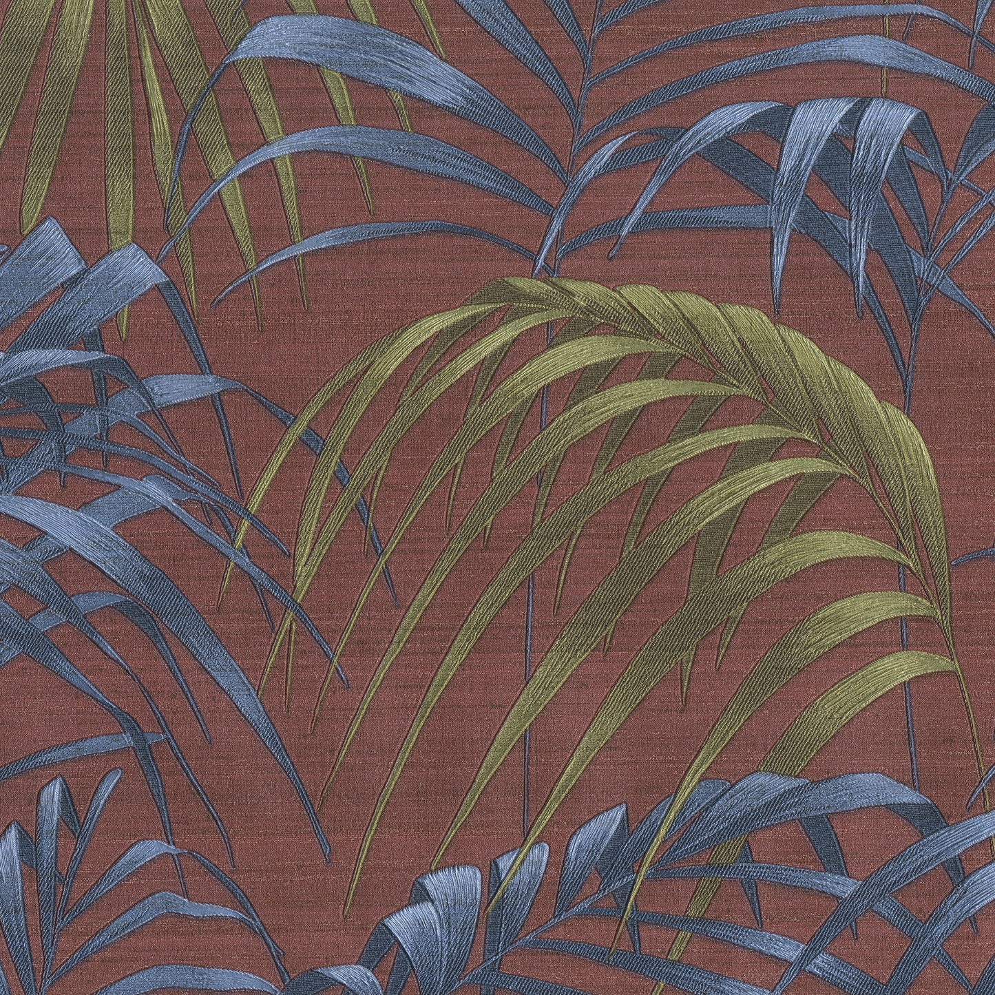 Red background with blue and green tropical palm leaves in a wallpaper pattern.