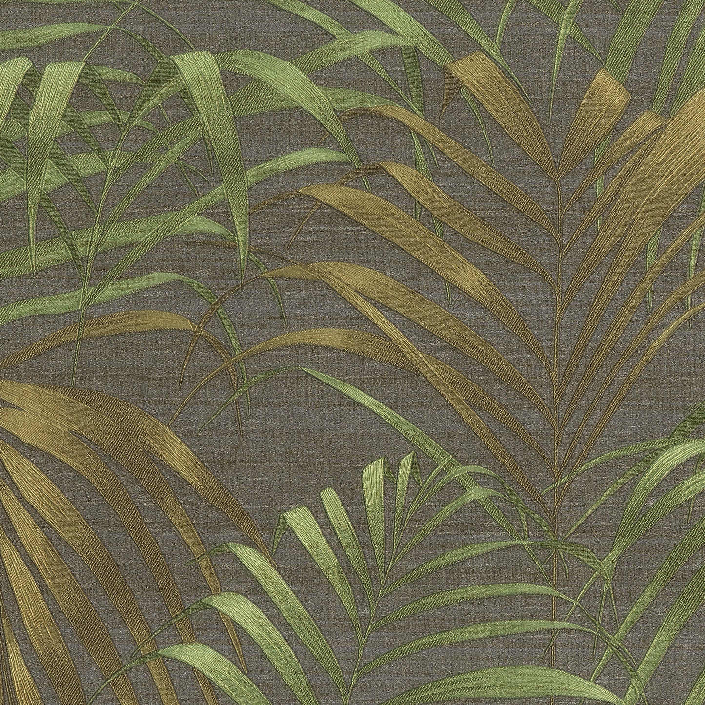 Wallpaper featuring green and brown palm leaves on a charcoal background; tropical palm leaf print.