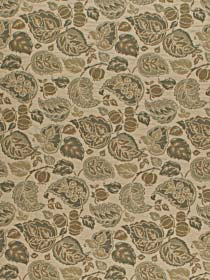 Beige fabric with dense green-brown leaf motifs; vintage botanical pattern for upholstery or drapery.