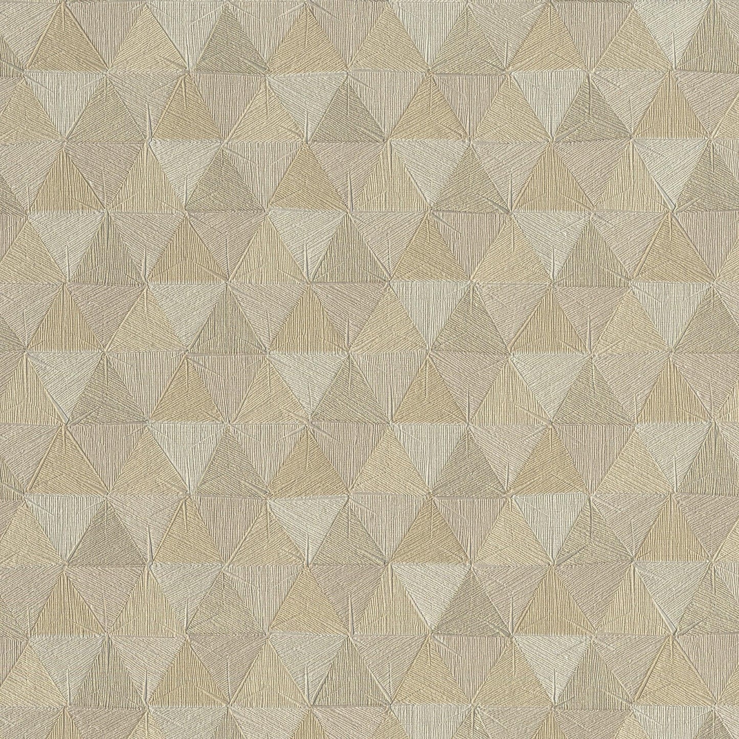 Beige geometric wallpaper with interlocking triangular facets and subtle metallic sheen.