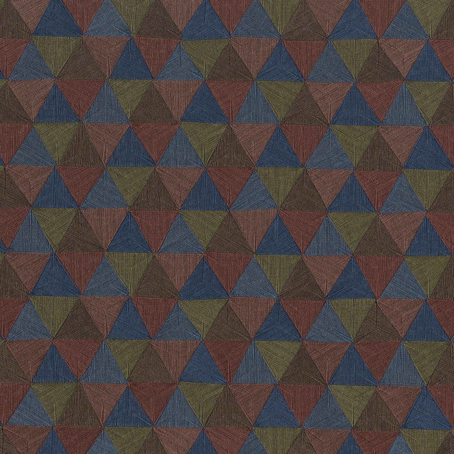 Textured geometric wallpaper with interlocking blue, red/maroon, green and brown triangles.
