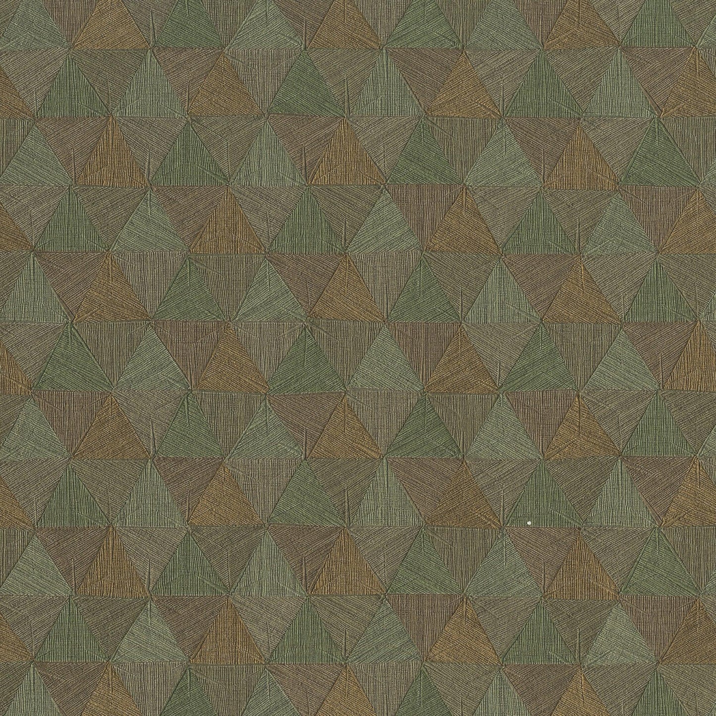 Geometric triangle pattern in muted greens & browns with subtle textured wallpaper finish.