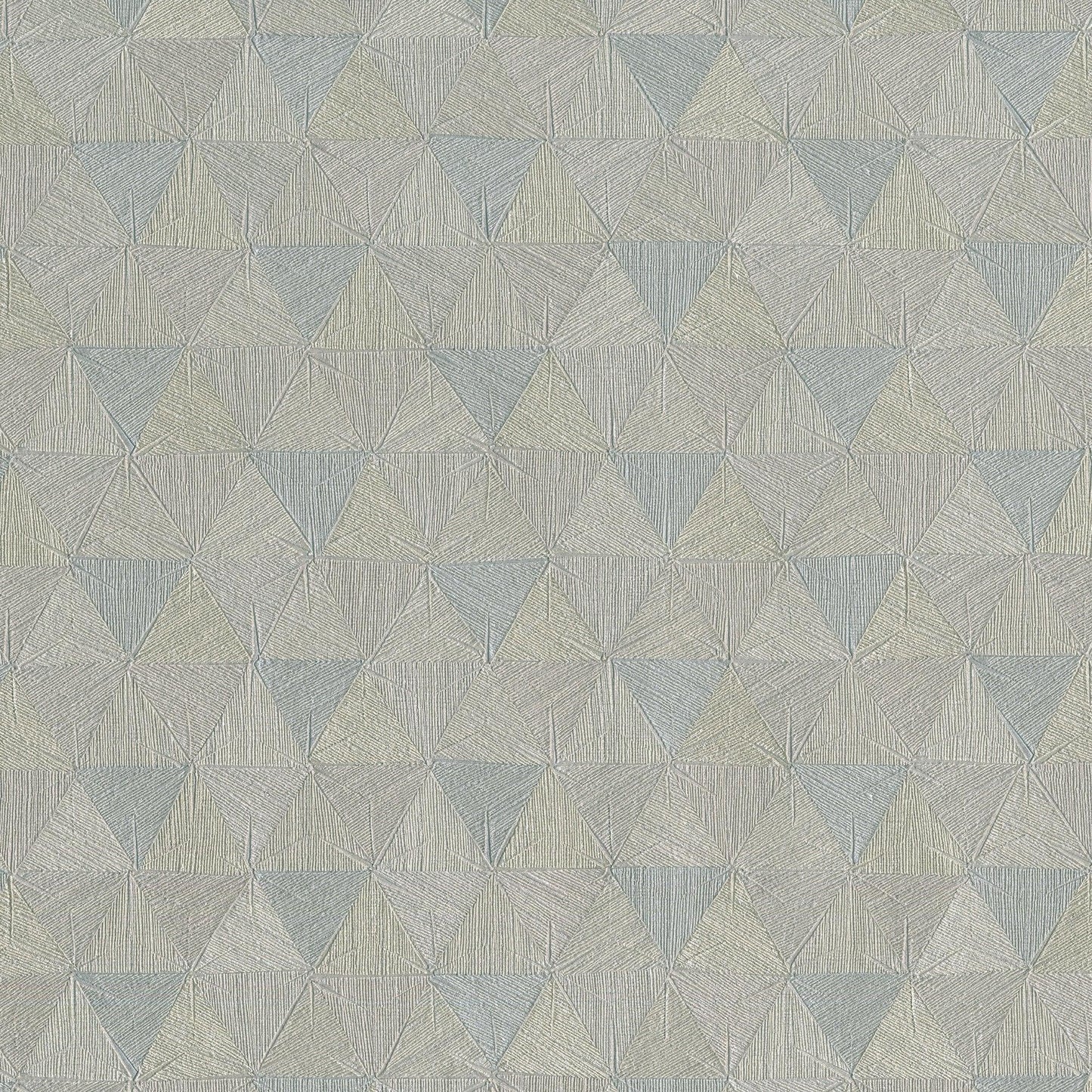 Geometric triangle pattern in soft blue, grey, taupe and beige on vinyl wallpaper with fine stitched lines.