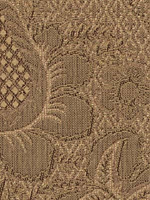 Brown and gold damask jacquard upholstery fabric with ornate floral vines and lattice motif; rich textured decor material.